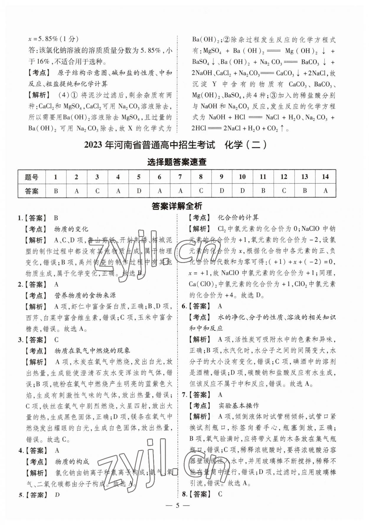 2023年原創(chuàng)仿真卷化學(xué)中考河南專版 參考答案第5頁