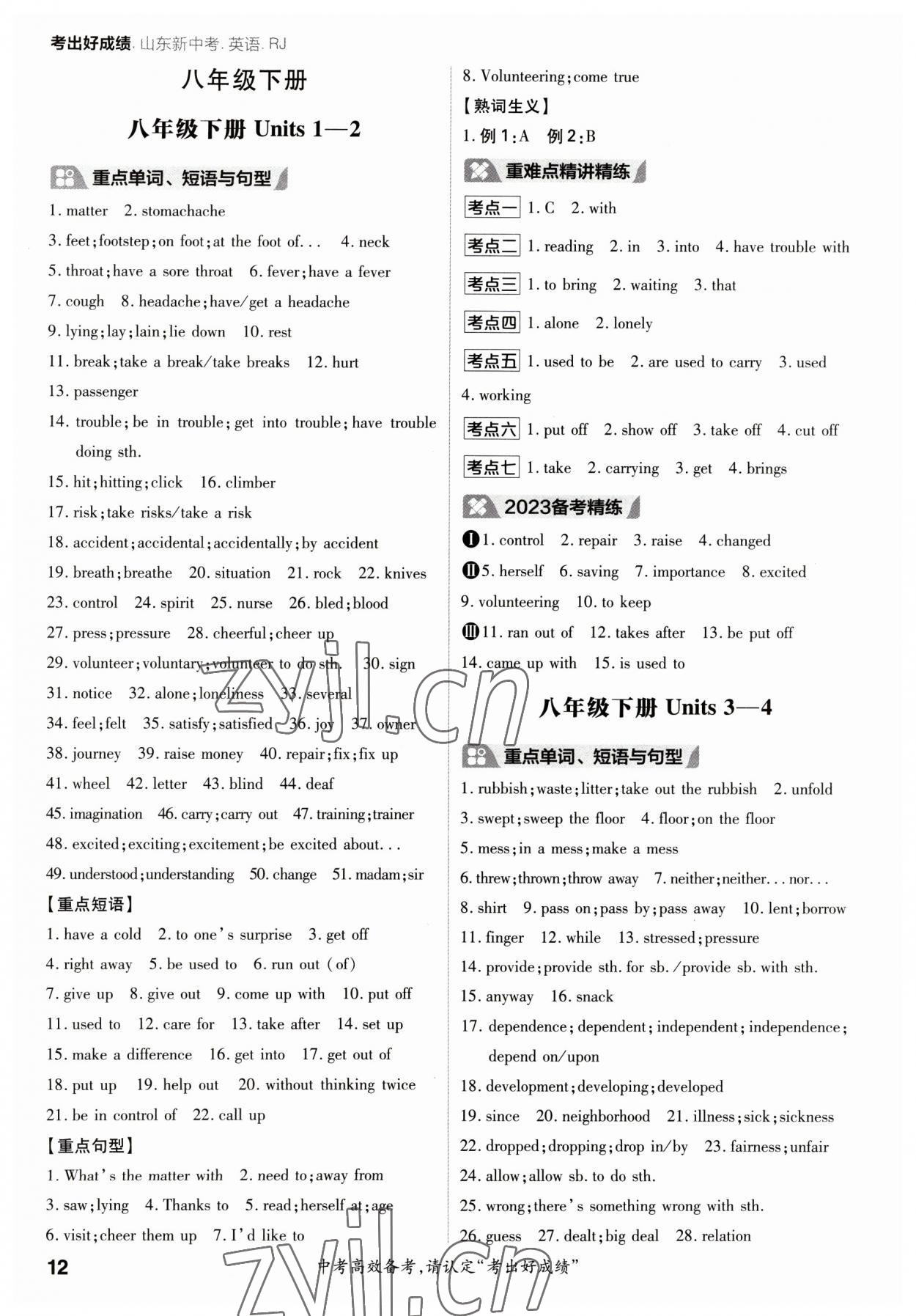 2023年考出好成绩中考总复习英语人教版山东专版 参考答案第11页