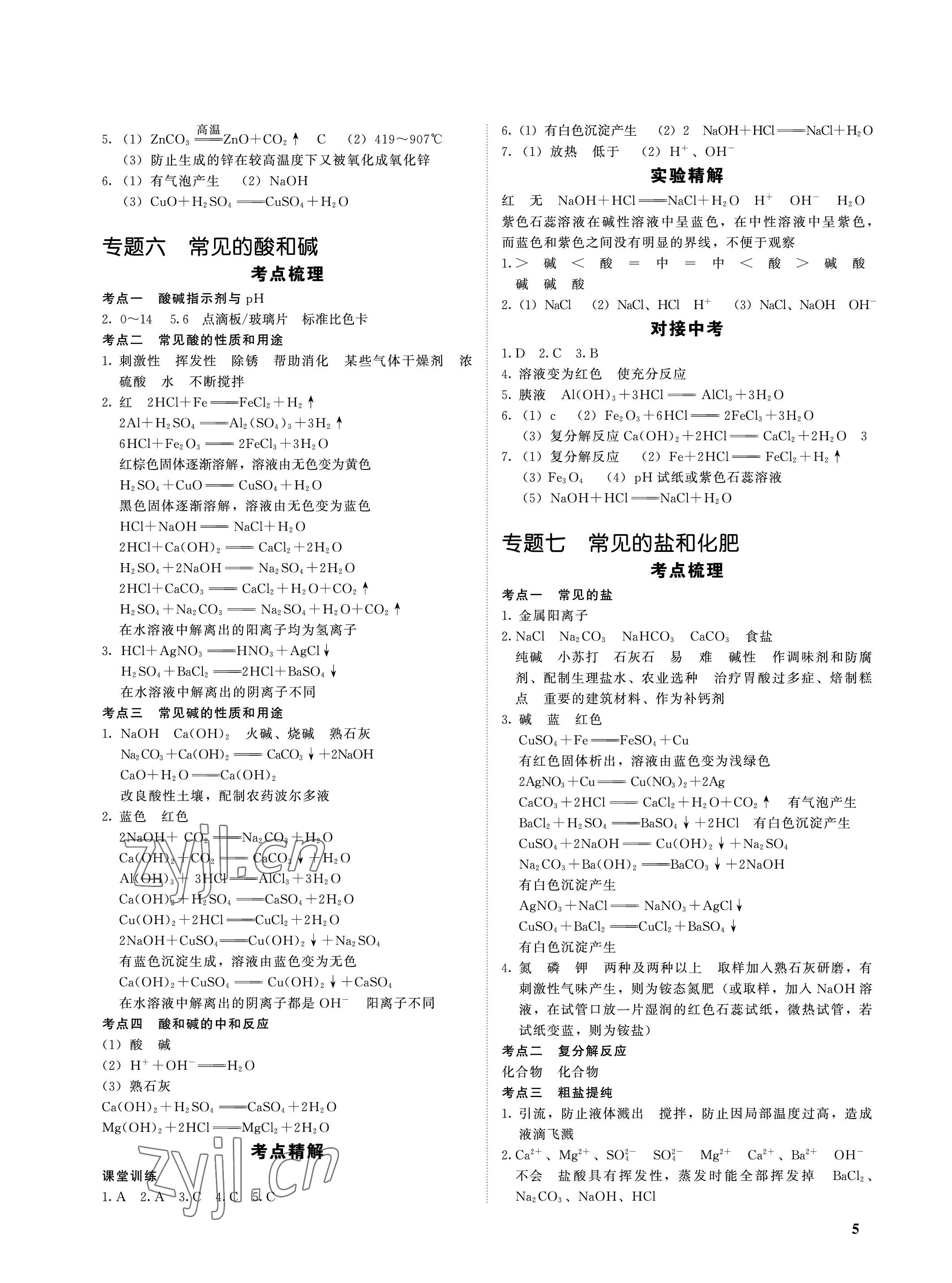 2023年一變到頂中考總復習化學福建專版 參考答案第5頁