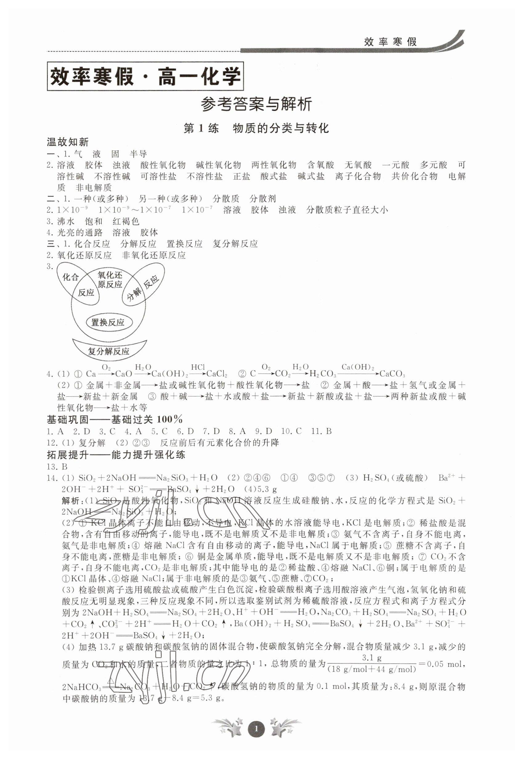 2023年效率寒假高一化学 第1页