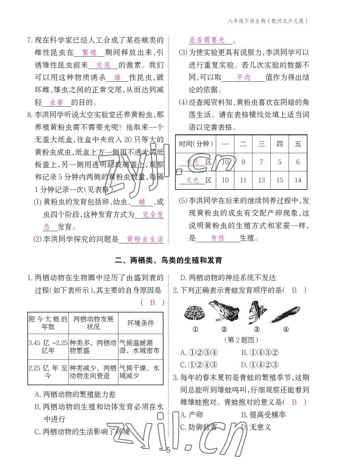 2023年作業(yè)本江西教育出版社八年級生物下冊冀少版 參考答案第5頁