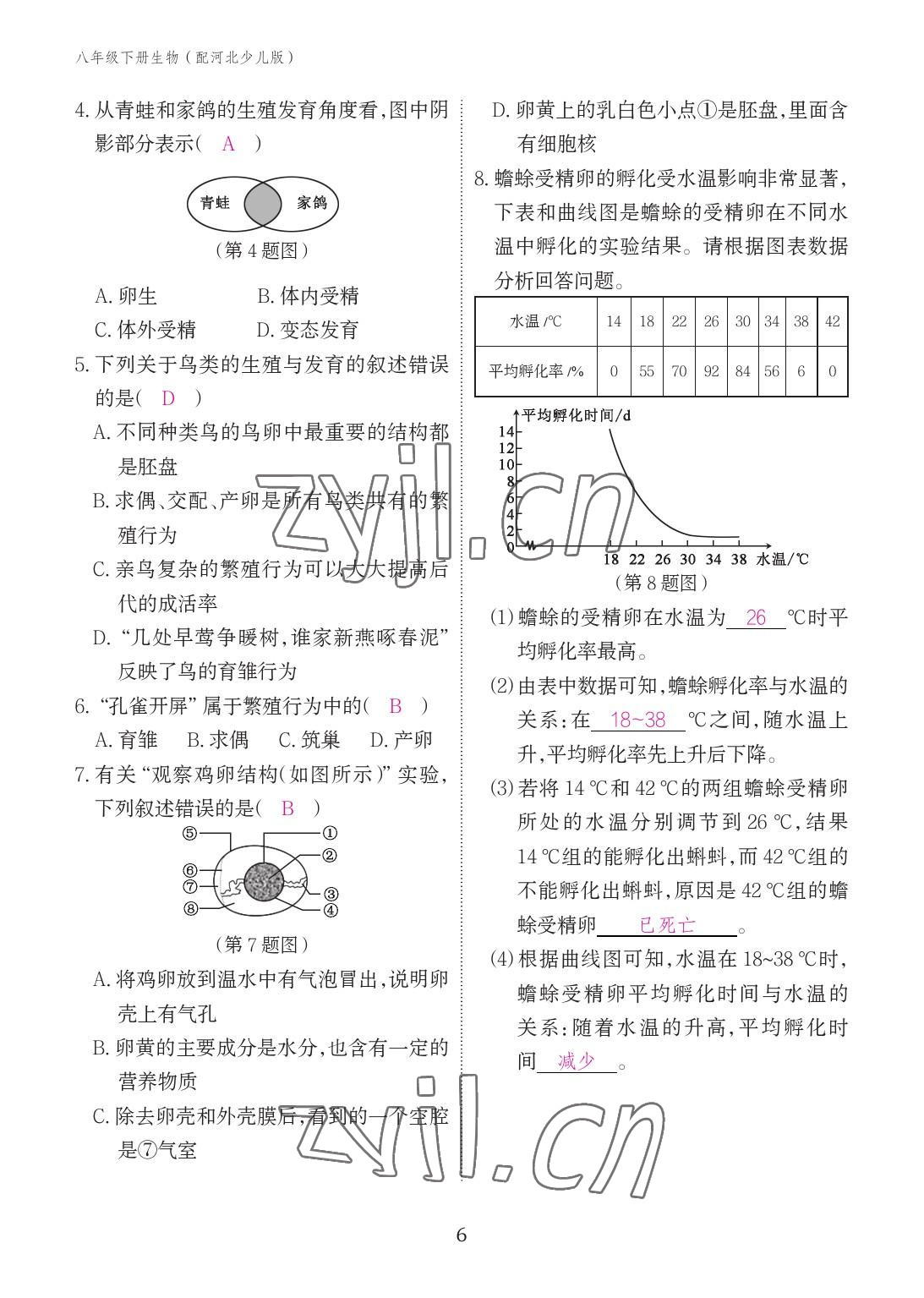 2023年作业本江西教育出版社八年级生物下册冀少版 参考答案第6页