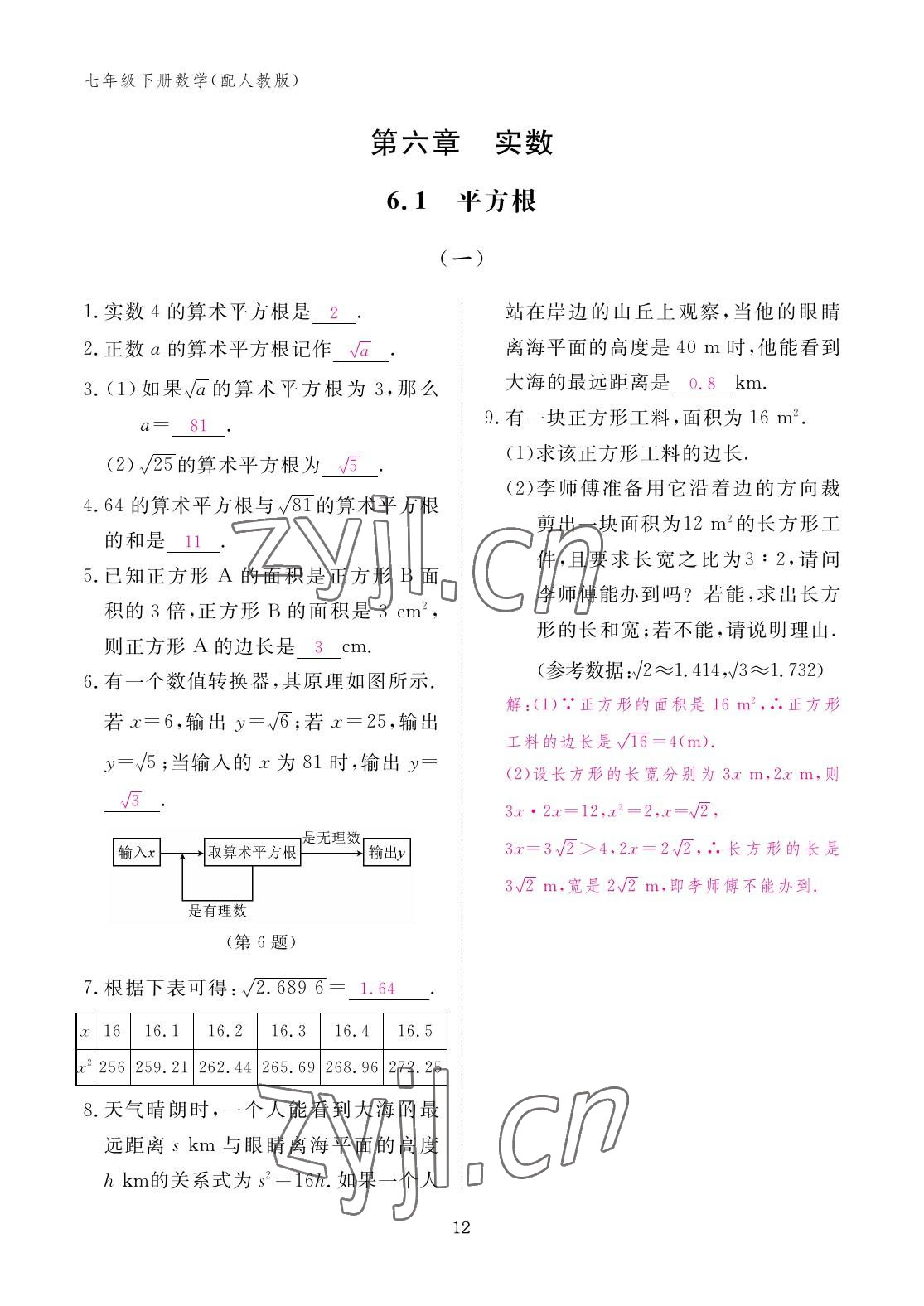 2023年作業(yè)本江西教育出版社七年級數(shù)學(xué)下冊人教版 參考答案第12頁