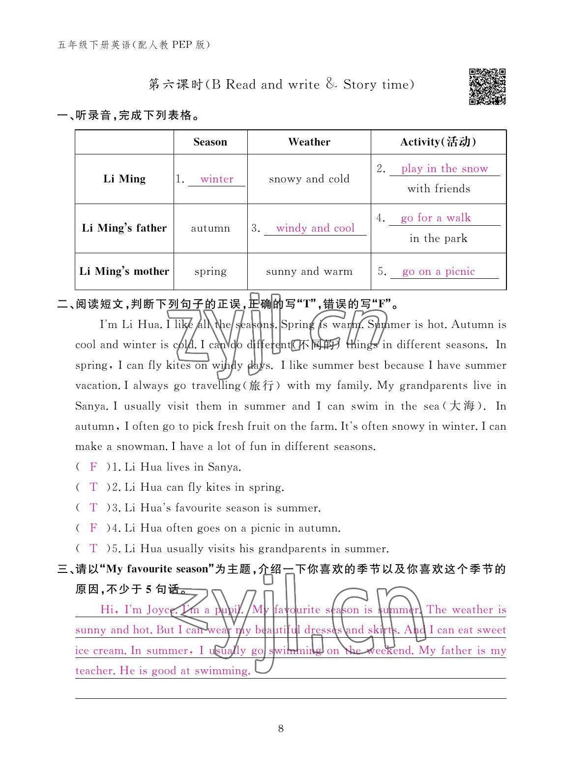 2023年作業(yè)本江西教育出版社五年級(jí)英語(yǔ)下冊(cè)人教版 參考答案第8頁(yè)