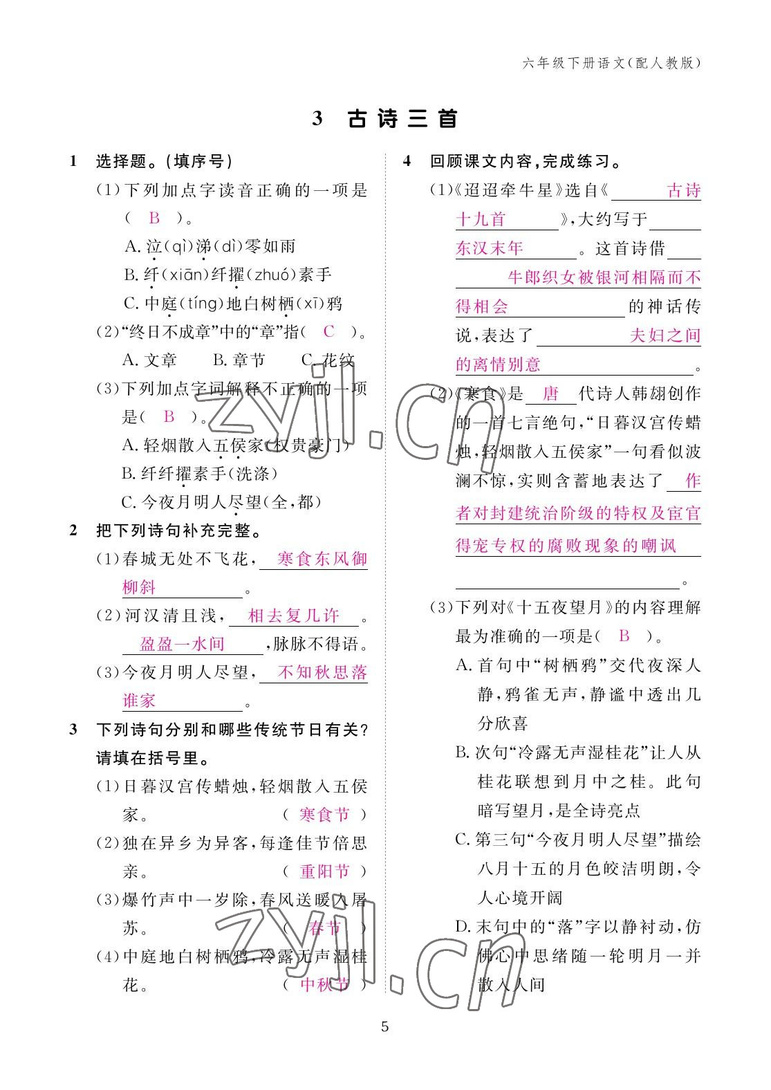 2023年作業(yè)本江西教育出版社六年級語文下冊人教版 參考答案第5頁