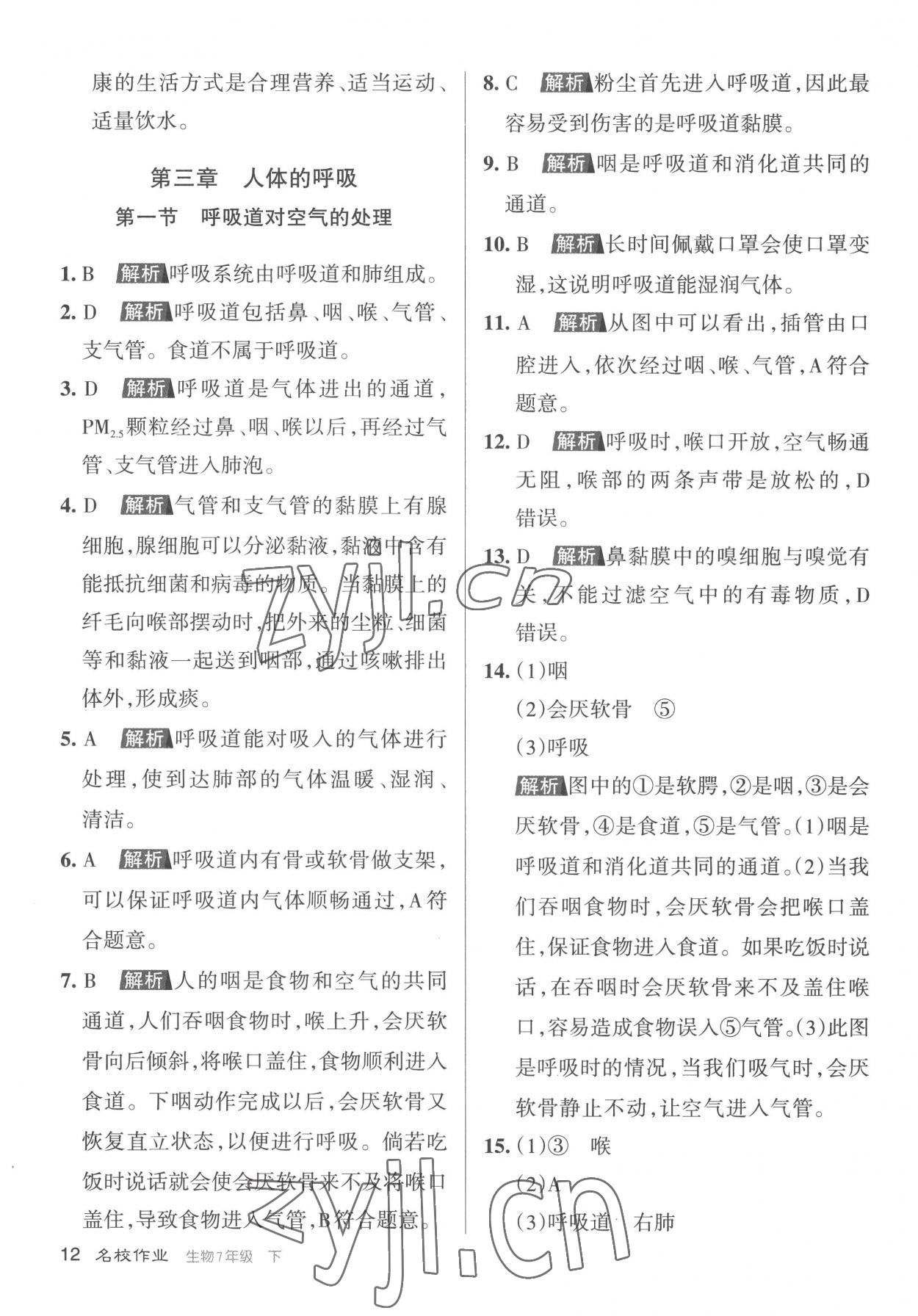 2023年名校作業七年級生物下冊人教版山西專版 參考答案第12頁