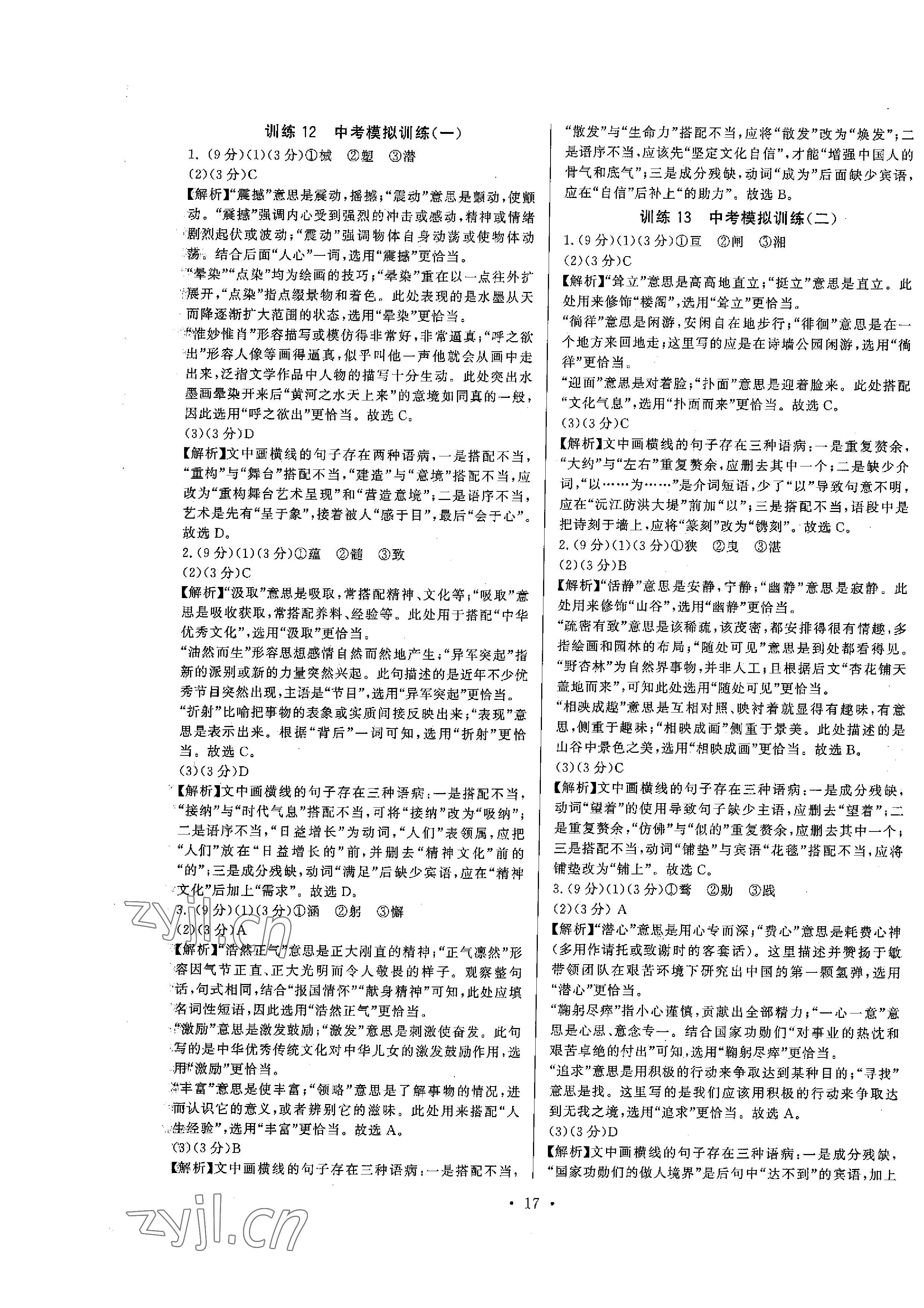 2023年连接中考语文福建专版&nbsp;参考答案第17页