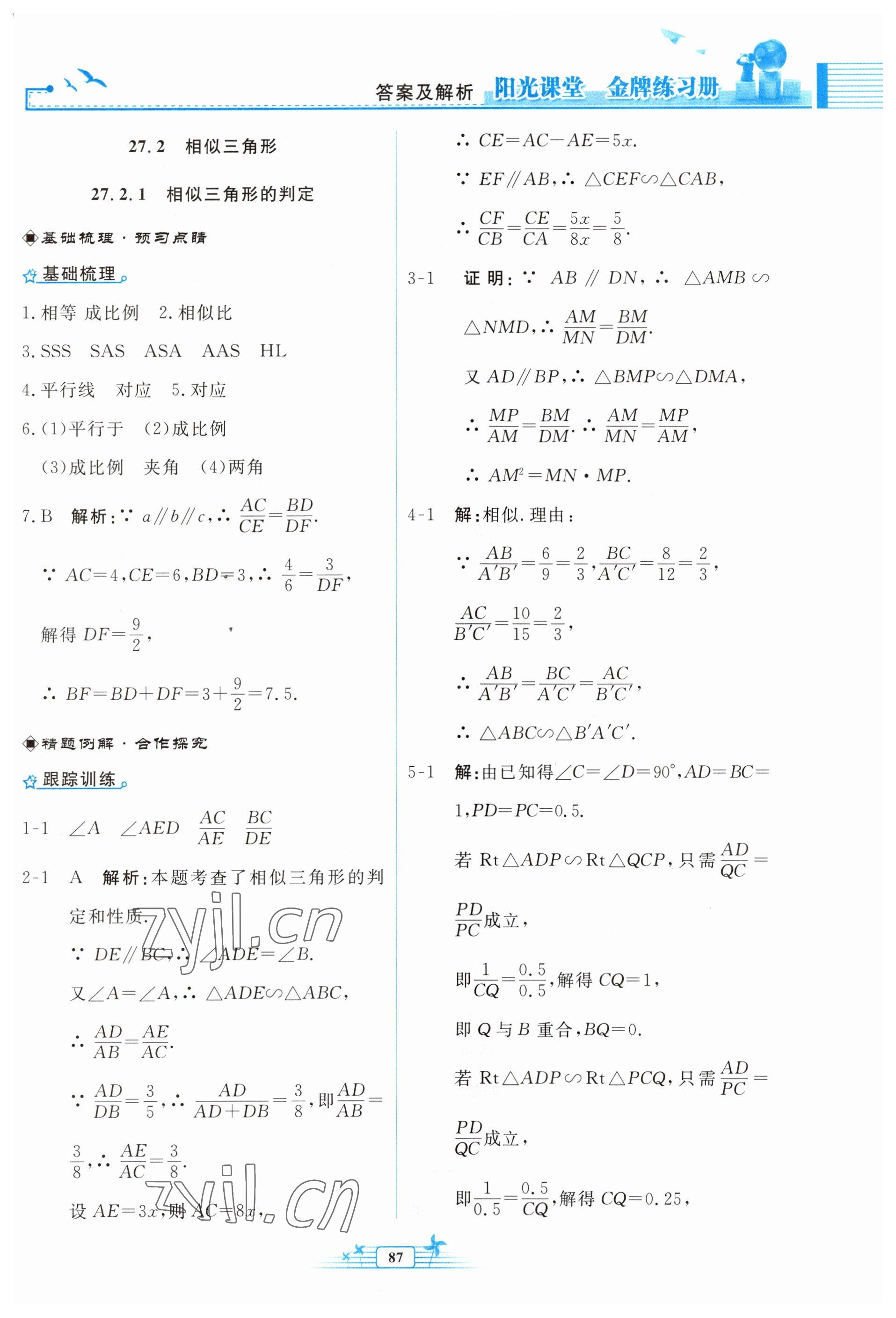 2023年陽光課堂金牌練習冊九年級數(shù)學下冊人教版福建專版 參考答案第9頁