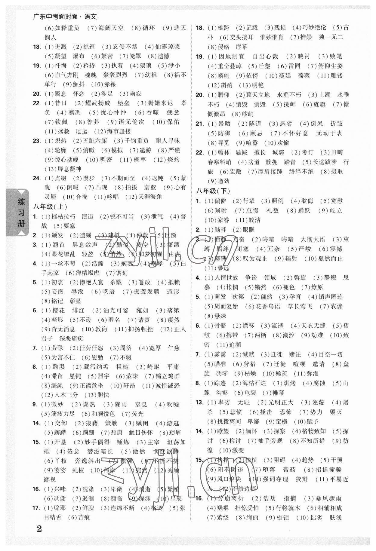 2023年中考面對(duì)面語文廣東專版 參考答案第2頁