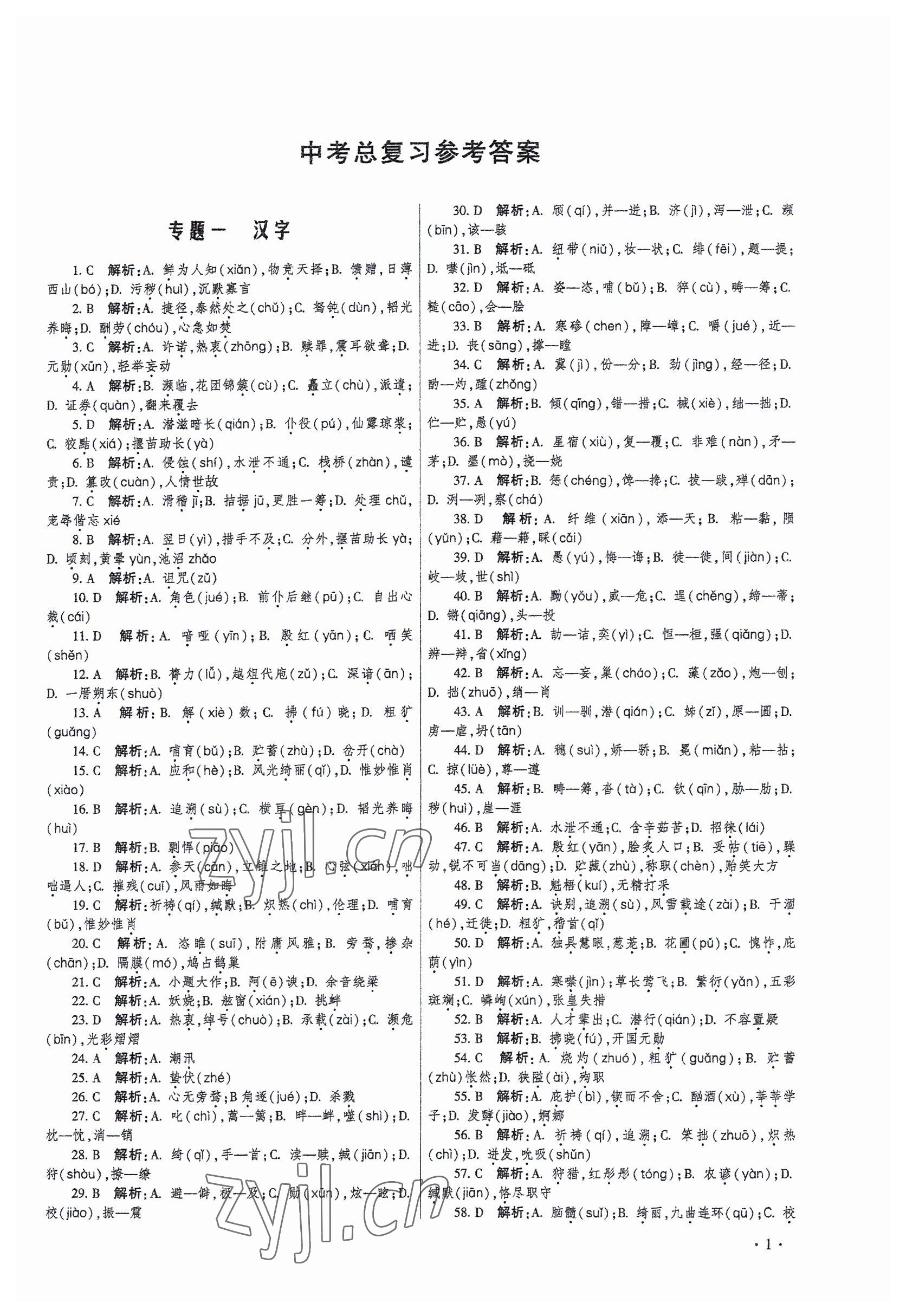 2023年直通中考專項訓練中考總復習語文 參考答案第1頁