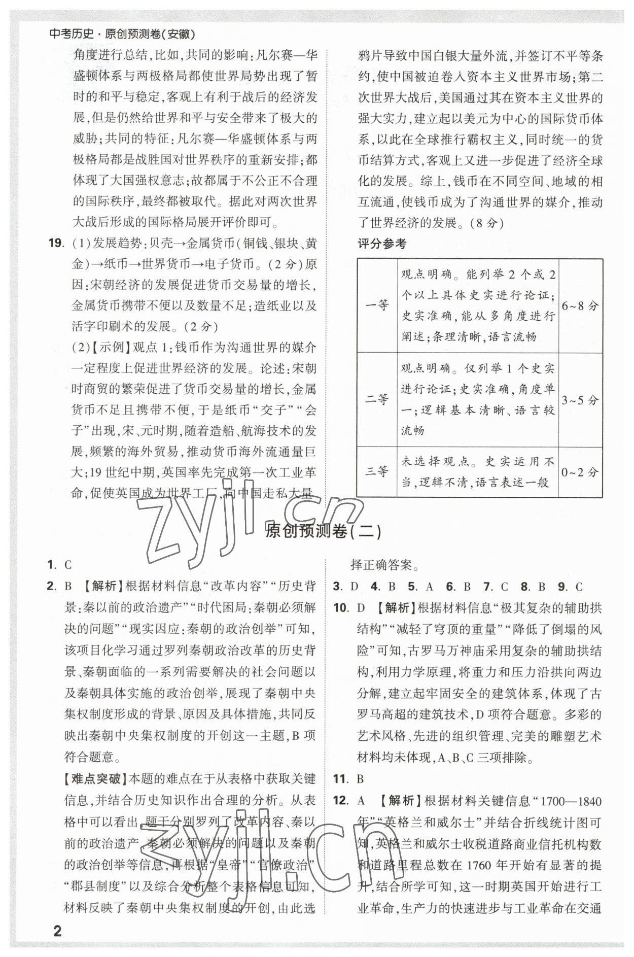 2023年萬唯中考原創(chuàng)預測卷歷史安徽專版 參考答案第2頁