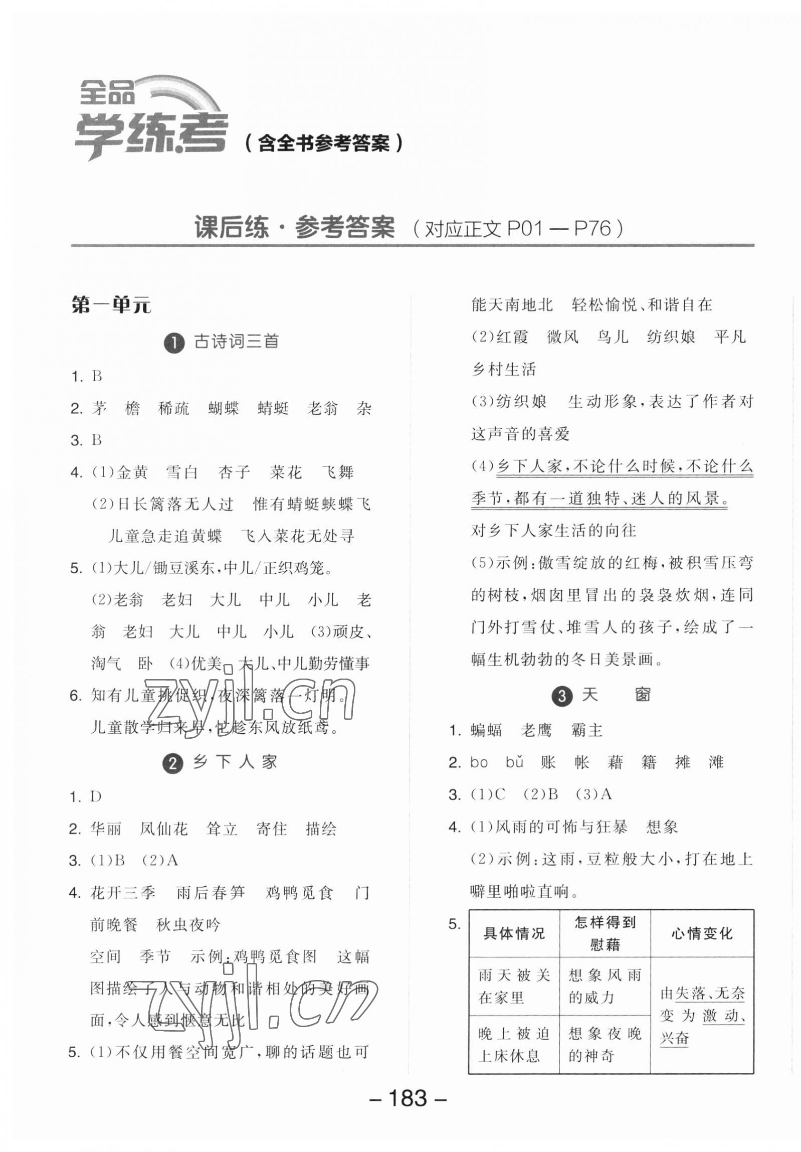 2023年全品學(xué)練考四年級語文下冊人教版 參考答案第1頁