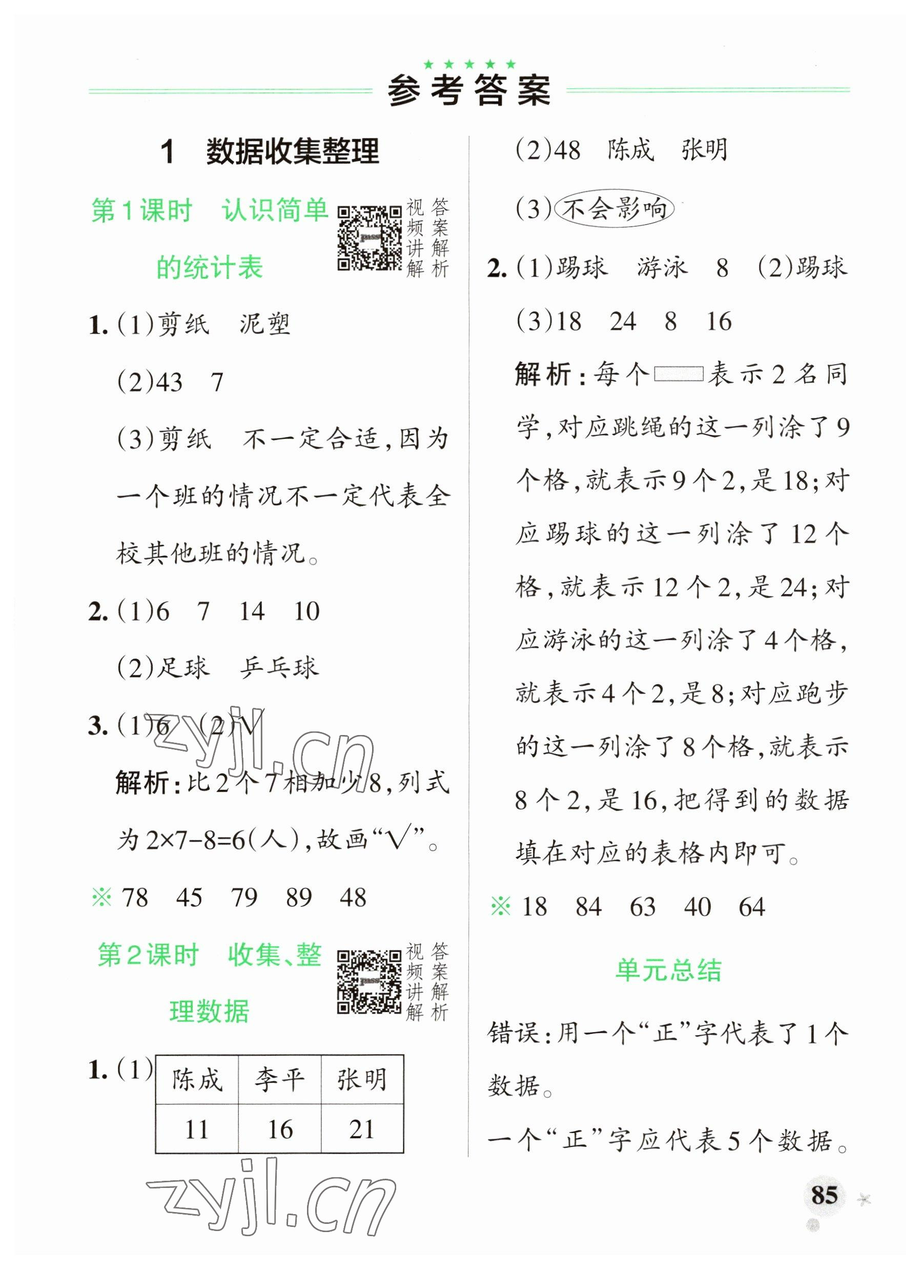 2023年小学学霸作业本二年级数学下册人教版广东专版 参考答案第1页