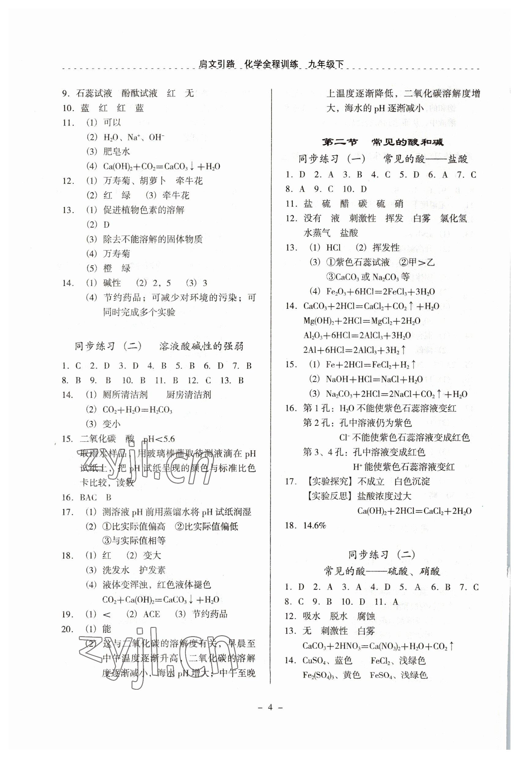 2023年启文引路九年级化学下册沪教版 参考答案第4页