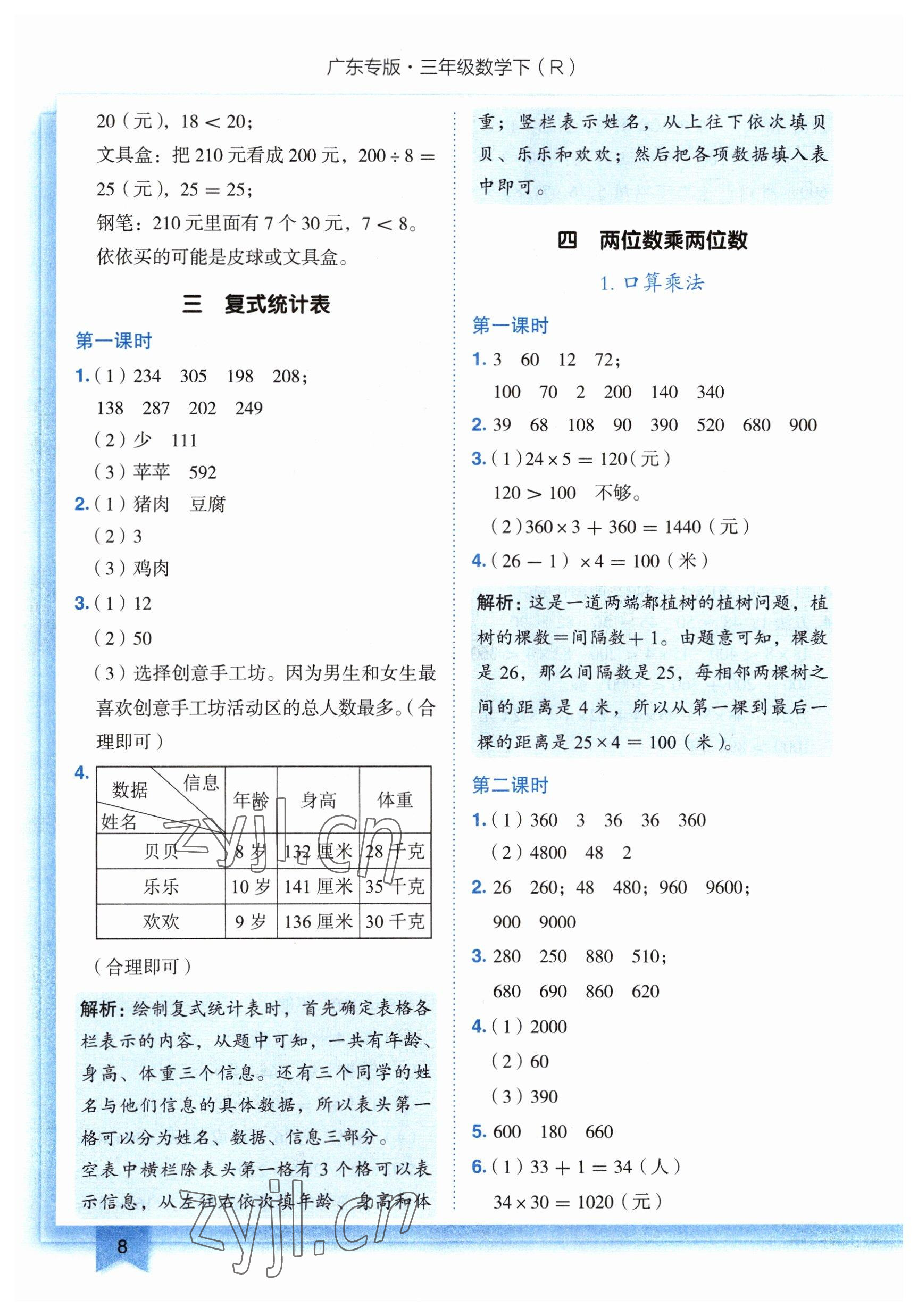 2023年黃岡小狀元作業(yè)本三年級(jí)數(shù)學(xué)下冊(cè)人教版廣東專(zhuān)版 參考答案第8頁(yè)