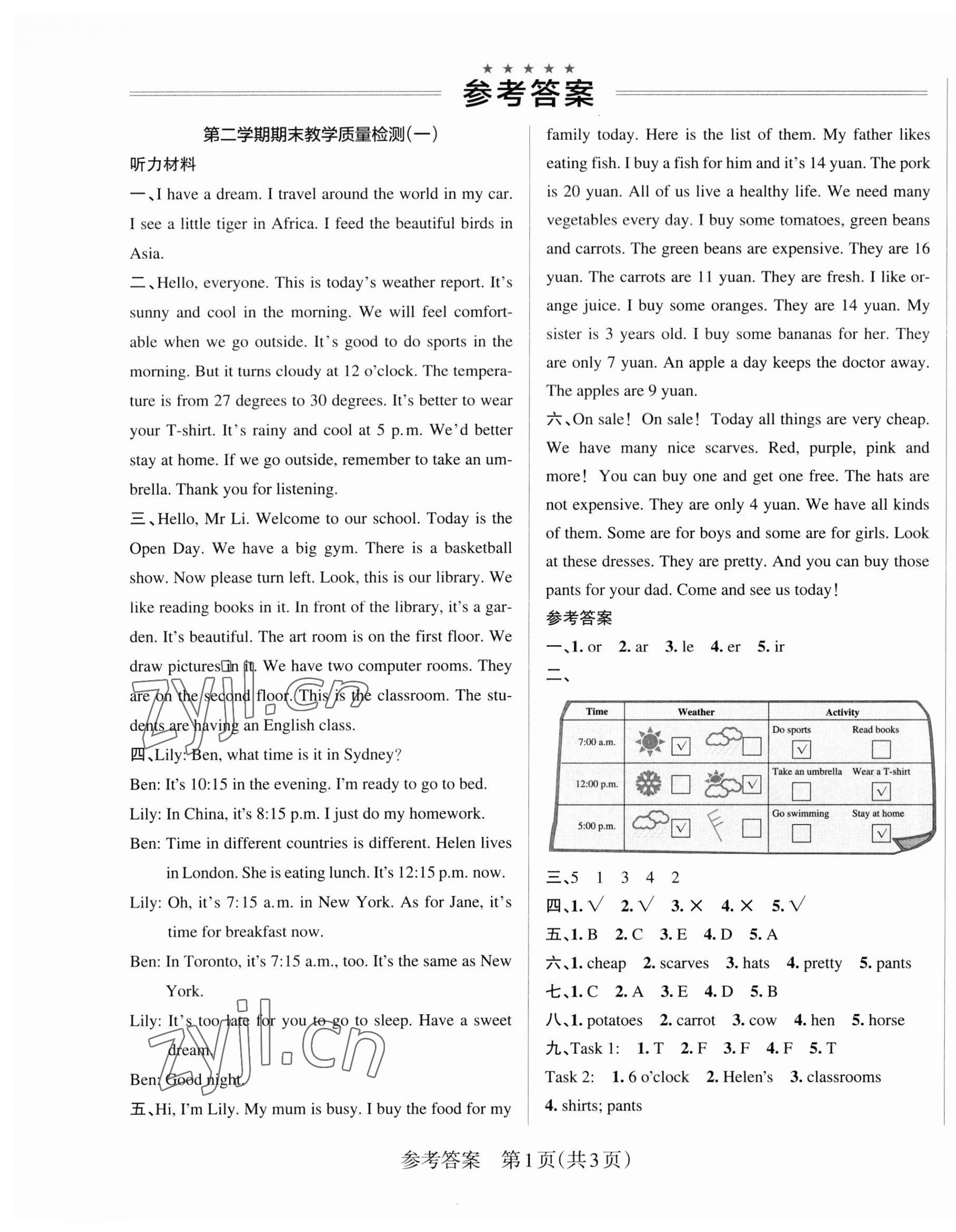 2023年小學學霸作業(yè)本四年級英語下冊人教版佛山專版 參考答案第1頁