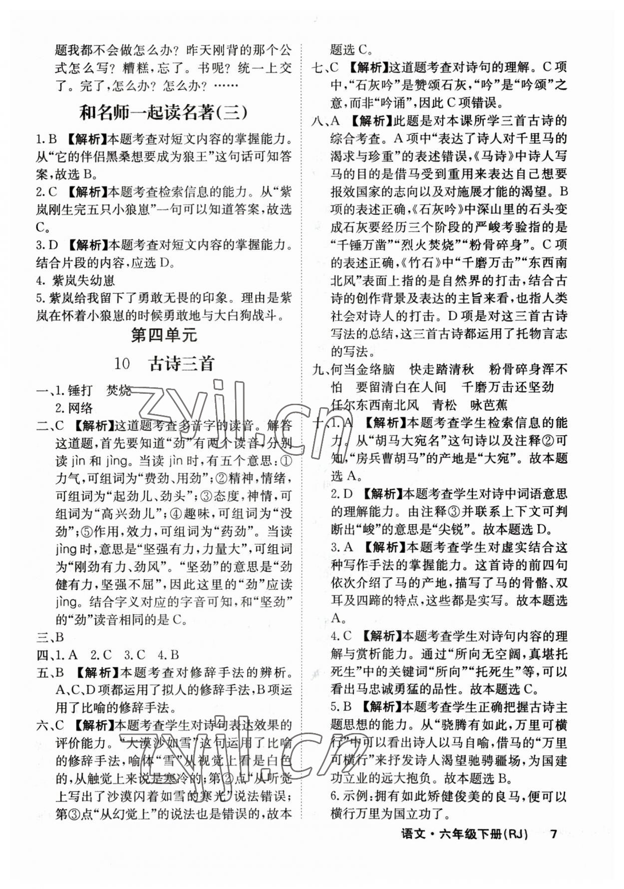 2023年梯田文化课堂内外六年级语文下册人教版福建专版 参考答案第7页