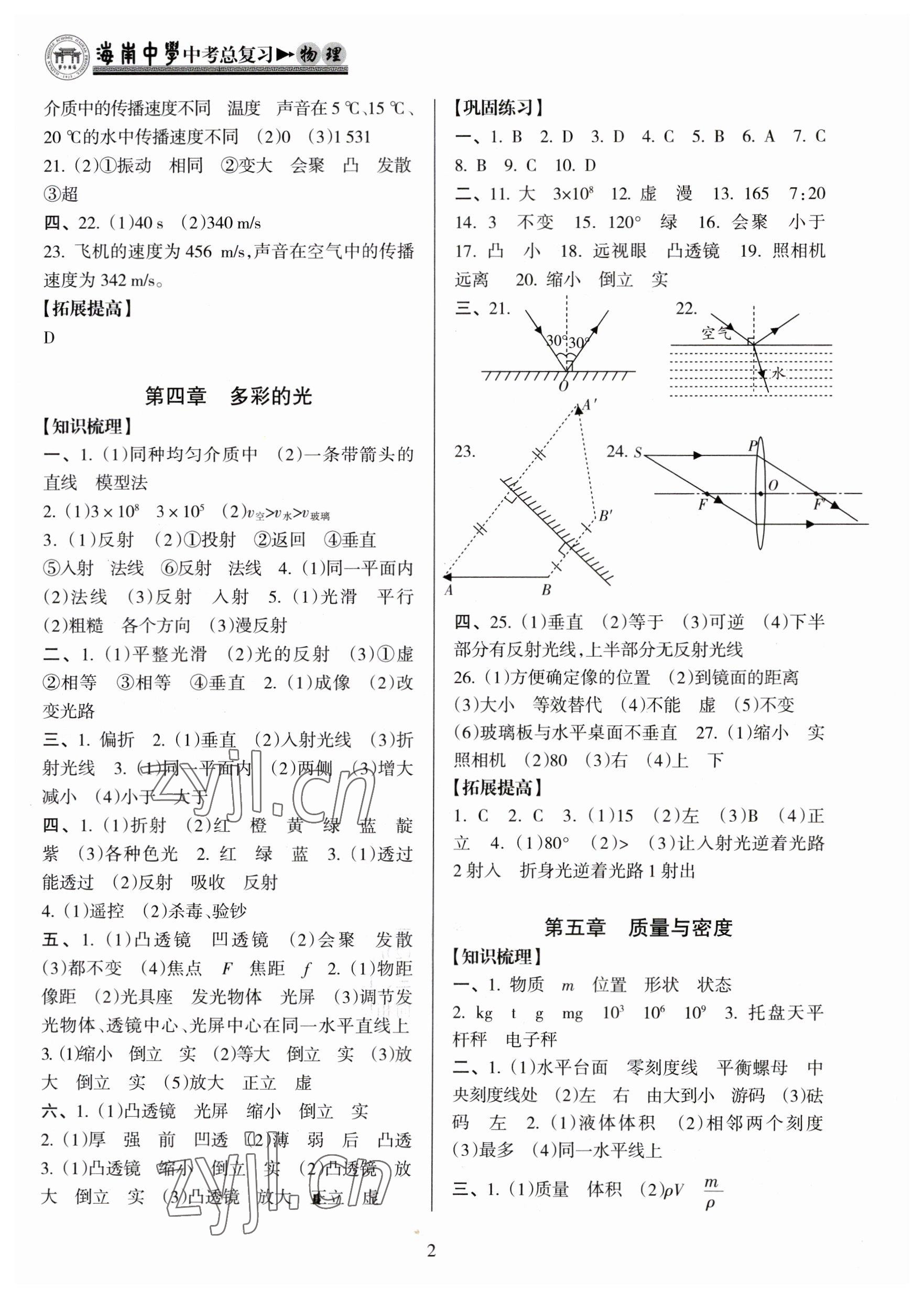 2023年海南中學(xué)中考總復(fù)習(xí)物理滬科版 參考答案第2頁