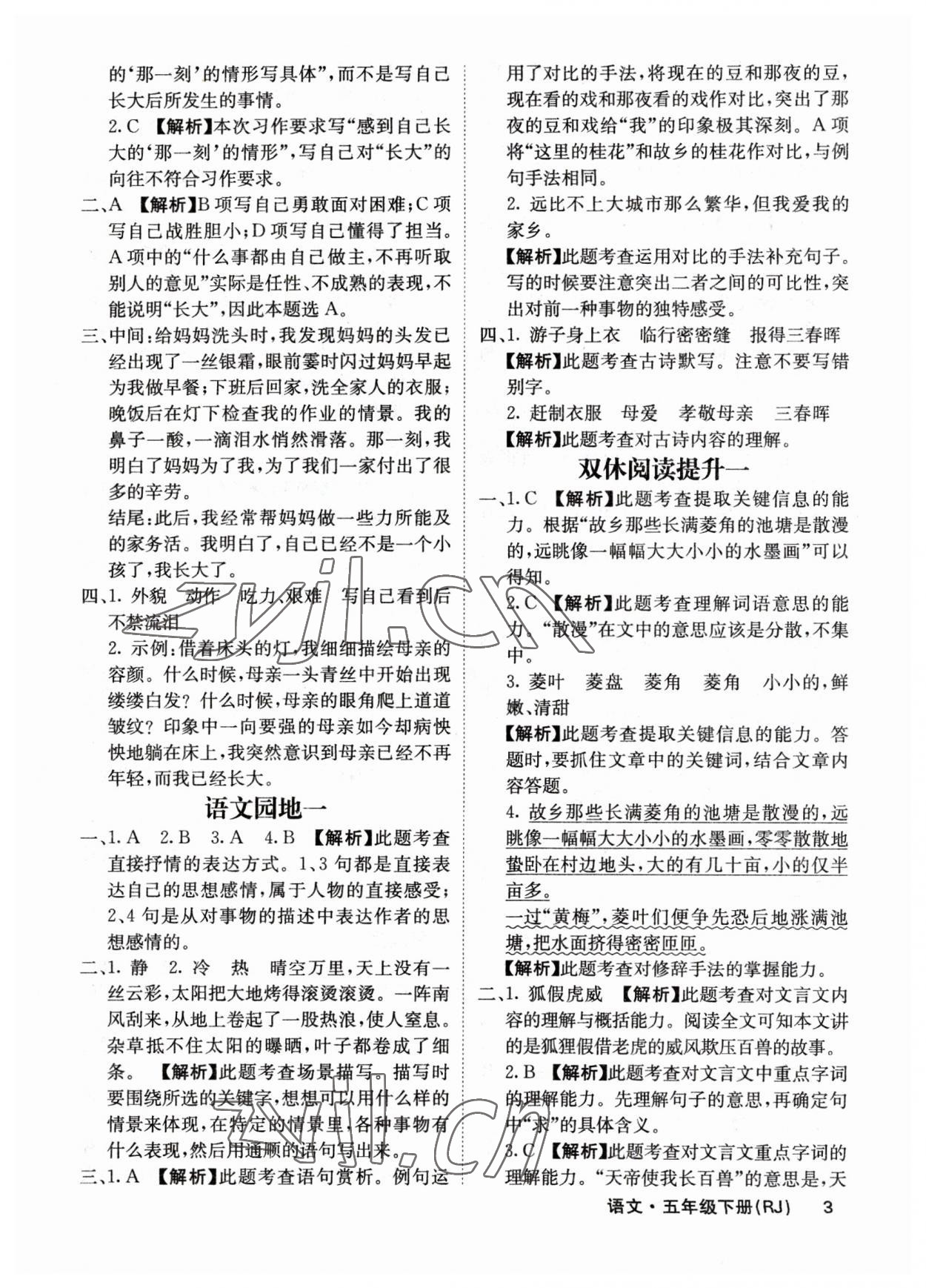 2023年課堂點睛五年級語文下冊人教版福建專版 參考答案第3頁