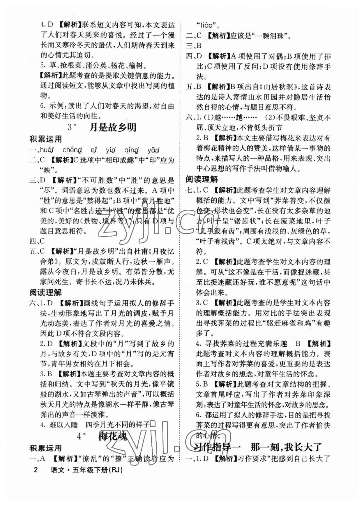 2023年課堂點睛五年級語文下冊人教版福建專版 參考答案第2頁