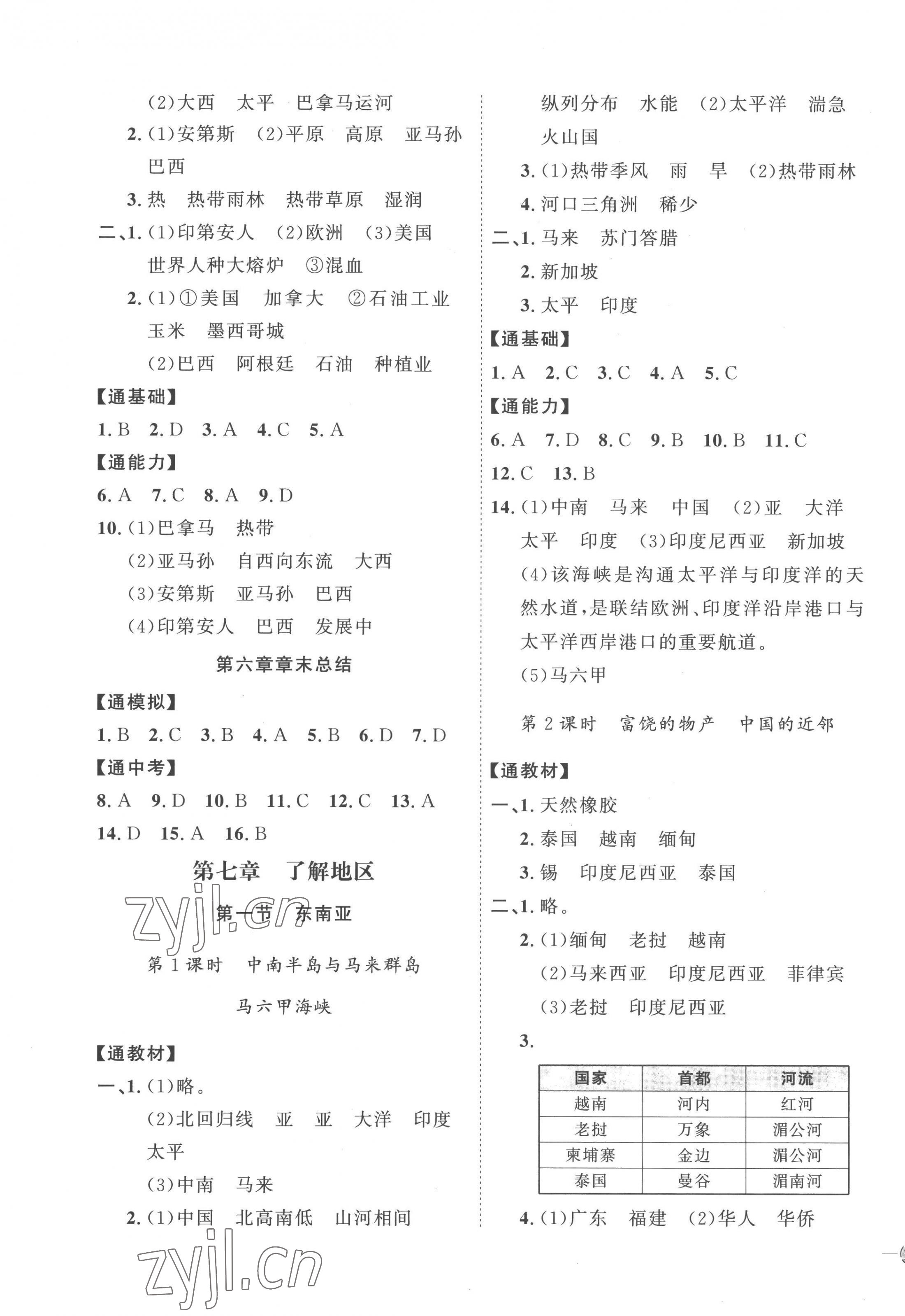 2023年优加学案课时通七年级地理下册湘教版H版 参考答案第3页