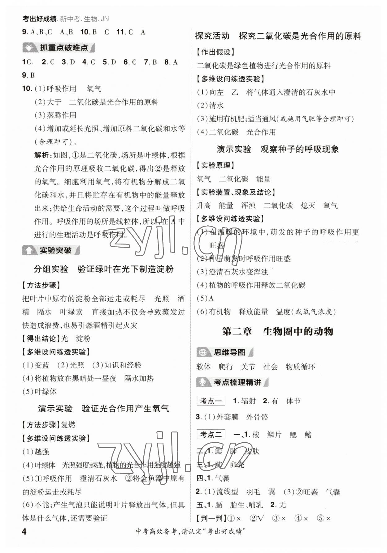 2023年考出好成績中考總復習生物濟南版 參考答案第3頁