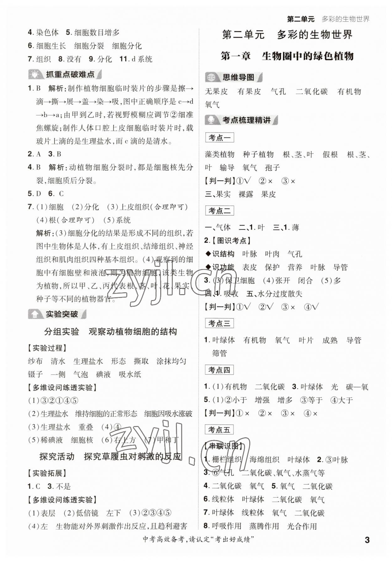 2023年考出好成績中考總復習生物濟南版 參考答案第2頁
