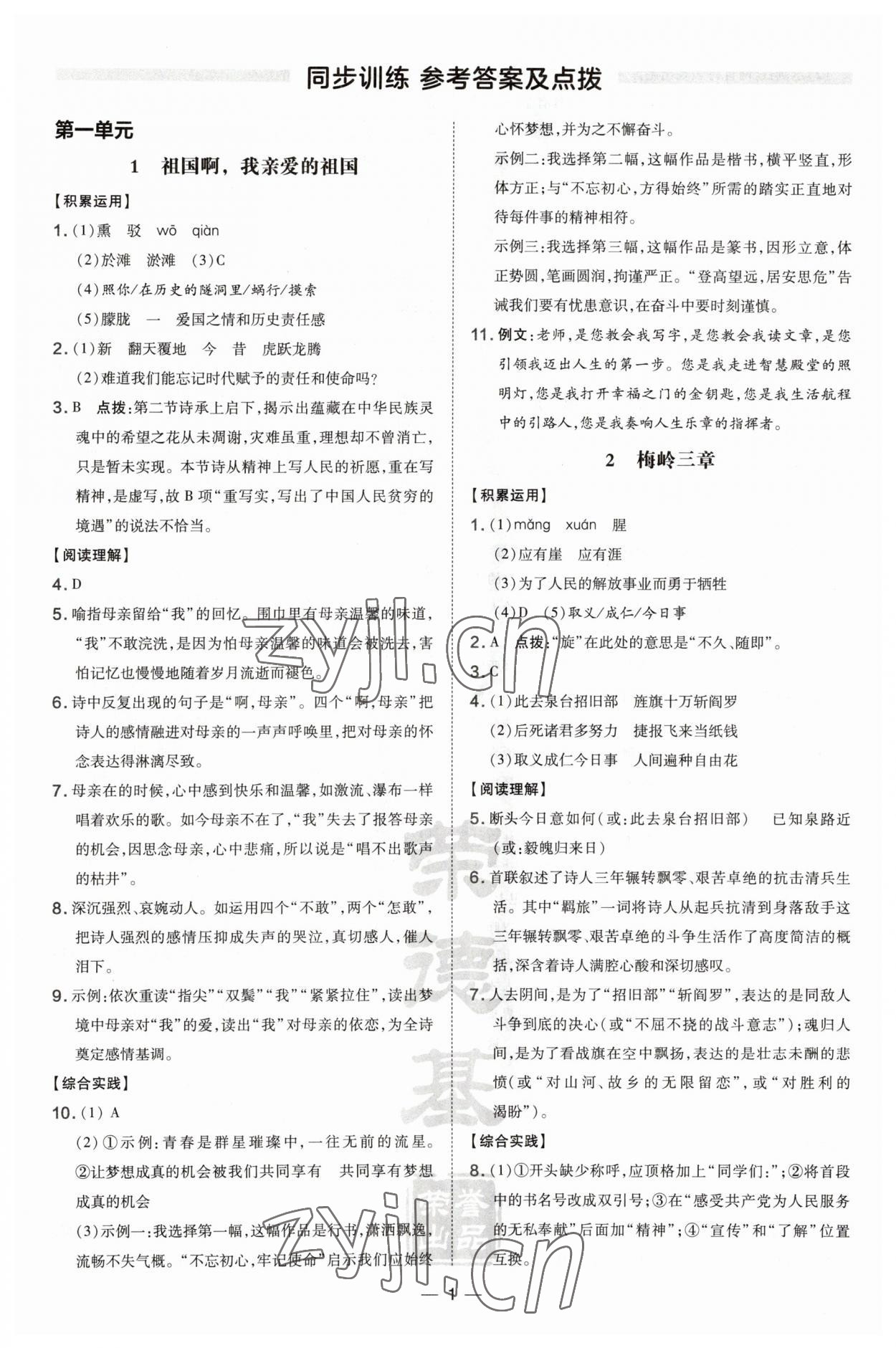 2023年點撥訓練九年級語文下冊人教版安徽專版 參考答案第1頁