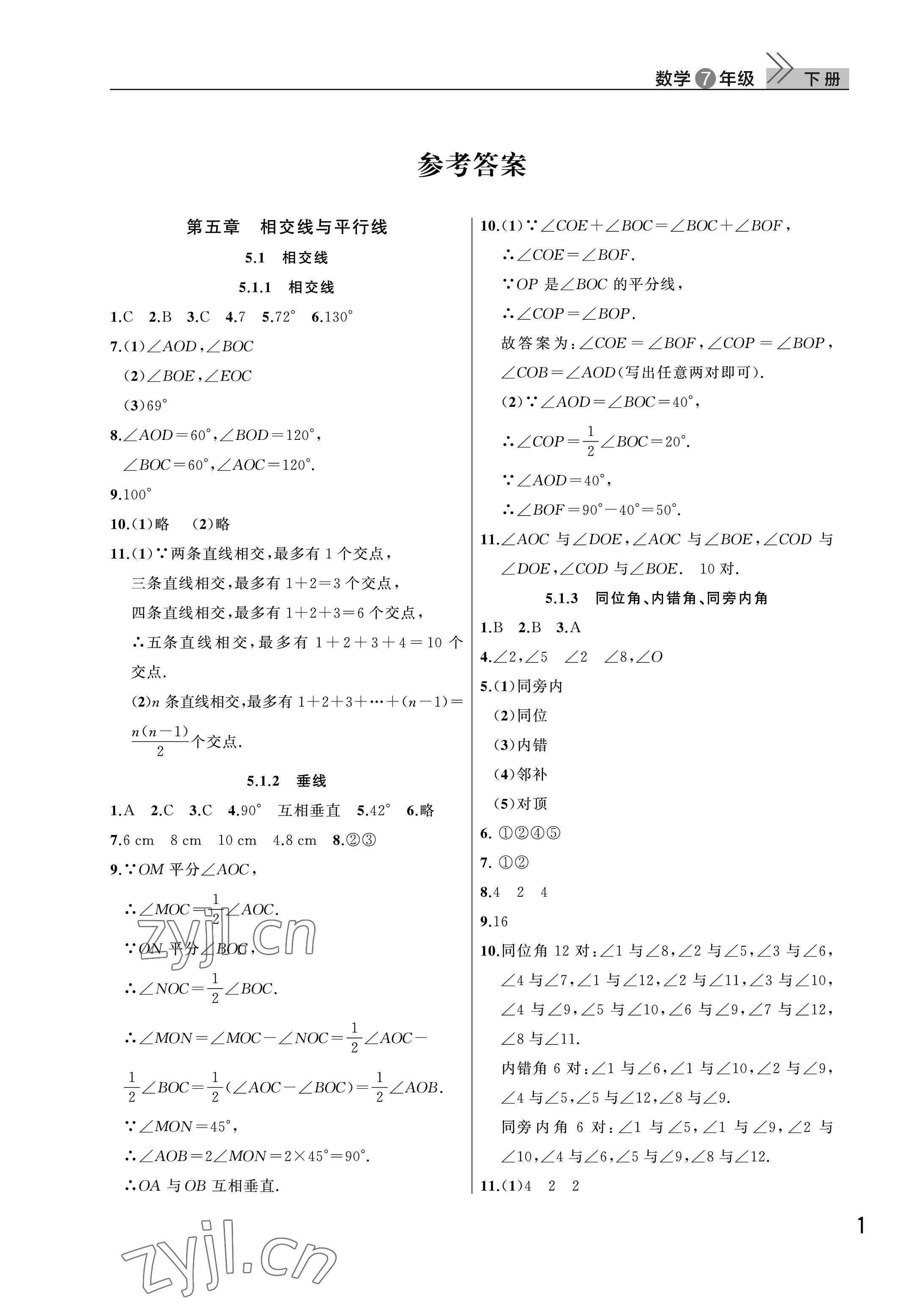 2023年课堂作业武汉出版社七年级数学下册人教版 参考答案第1页