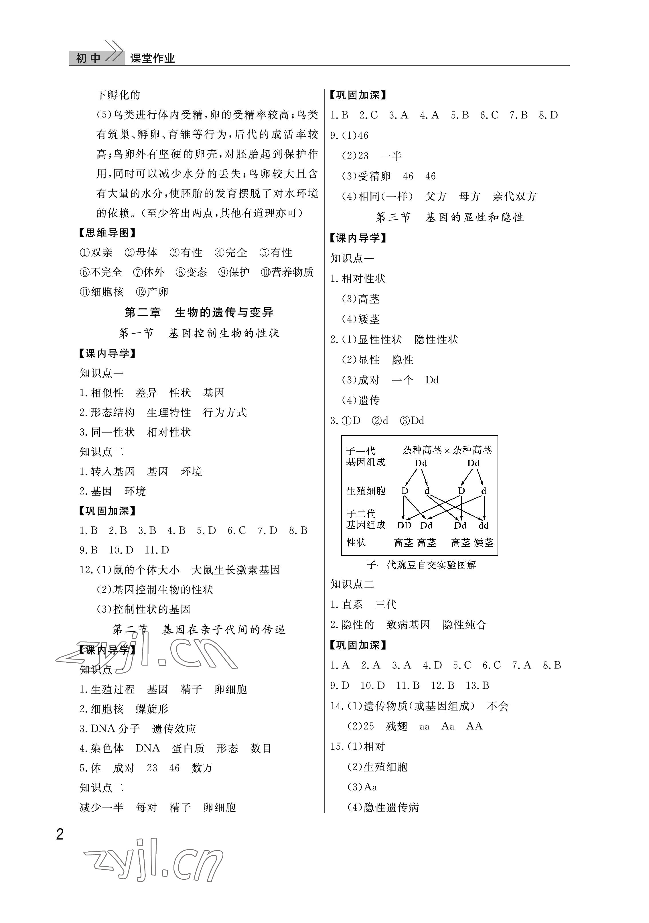 2023年课堂作业武汉出版社八年级生物下册人教版 参考答案第2页