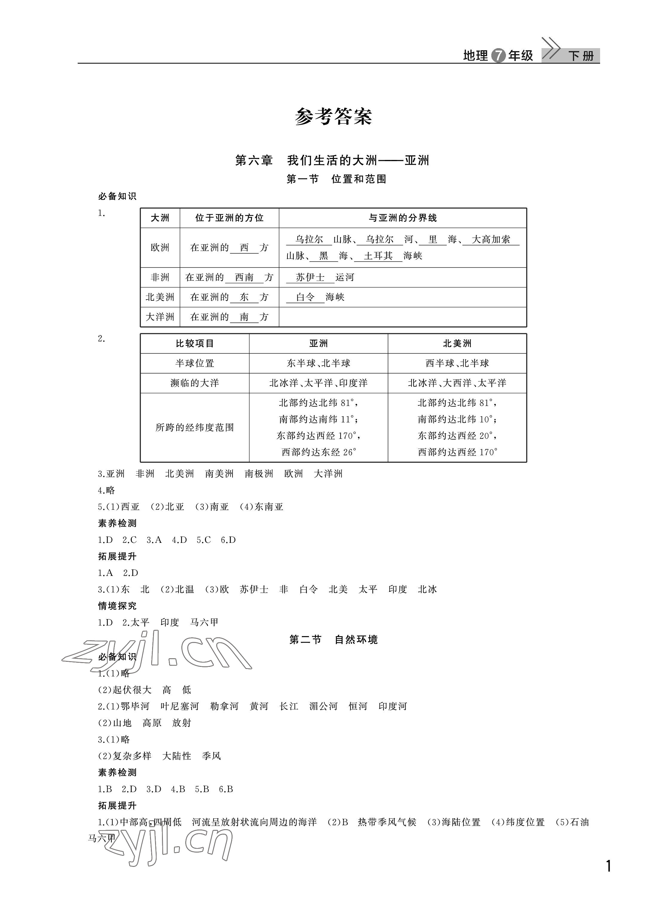 2023年课堂作业武汉出版社七年级地理下册人教版 参考答案第1页