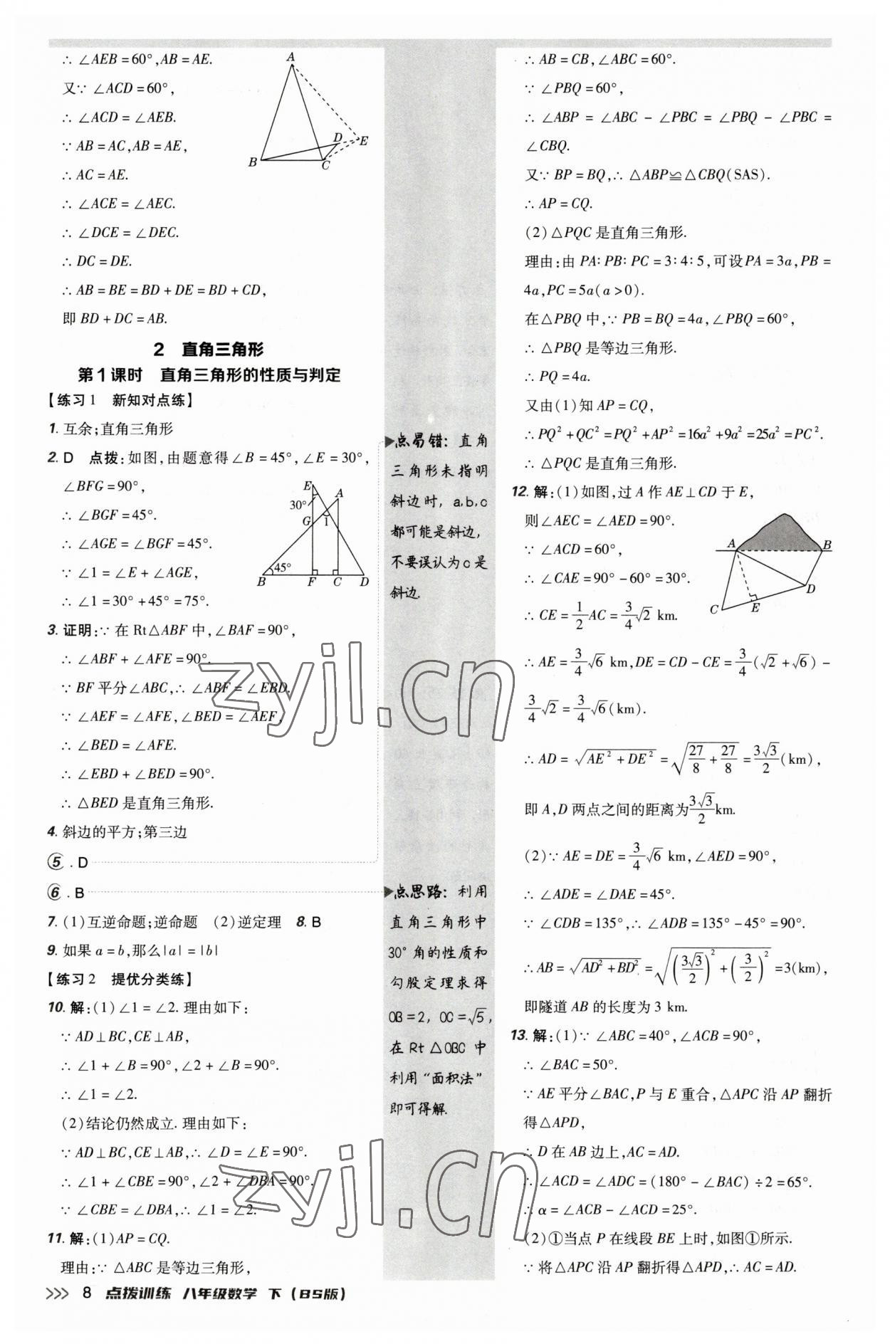 2023年點(diǎn)撥訓(xùn)練八年級(jí)數(shù)學(xué)下冊北師大版 參考答案第8頁