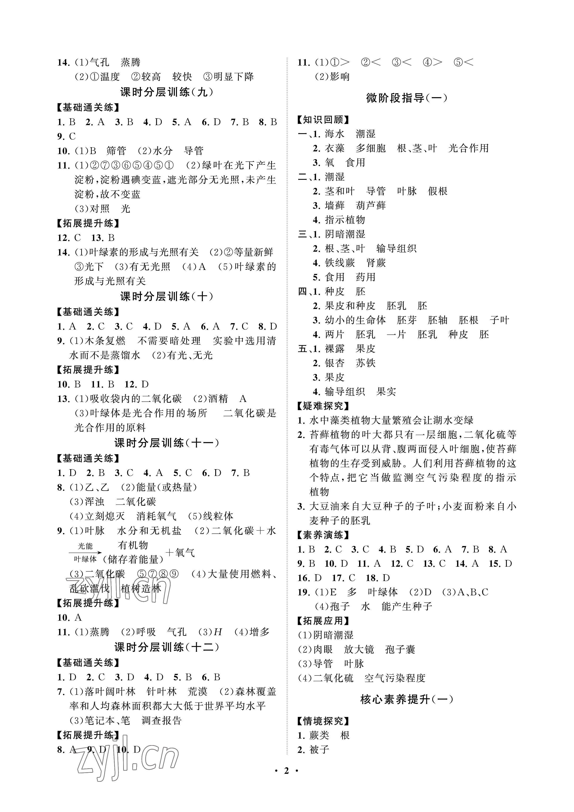 2023年同步練習(xí)冊分層卷六年級生物下冊魯科版54制 參考答案第2頁