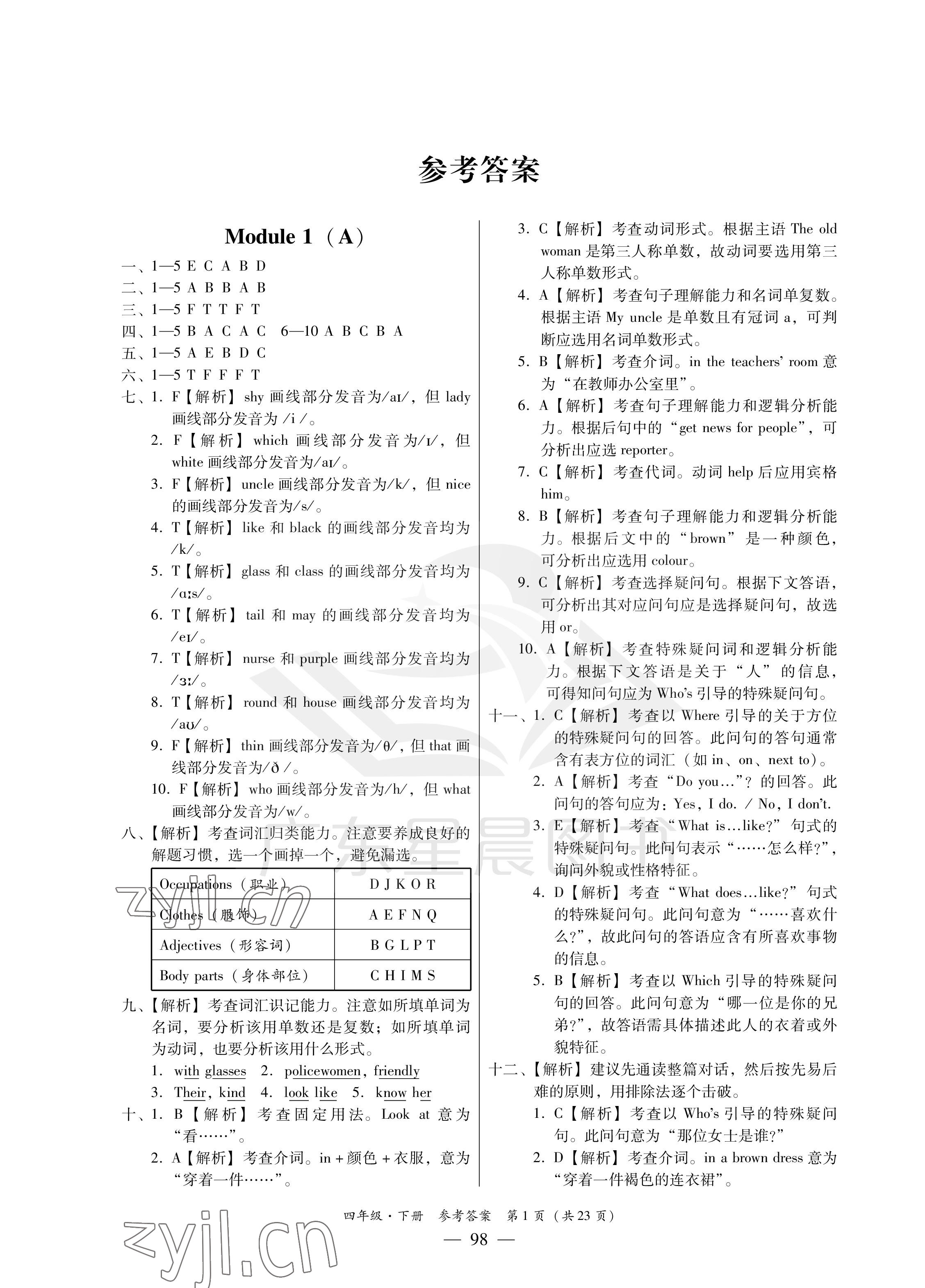 2023年小學(xué)英語(yǔ)測(cè)試AB卷四年級(jí)下冊(cè)教科版廣州專版 參考答案第1頁(yè)