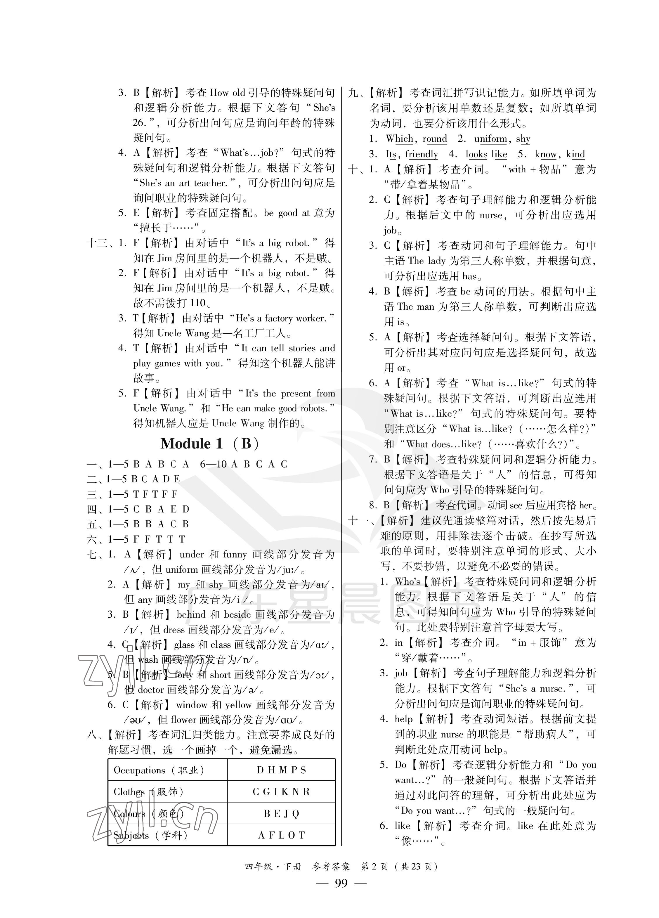 2023年小学英语测试AB卷四年级下册教科版广州专版 参考答案第2页