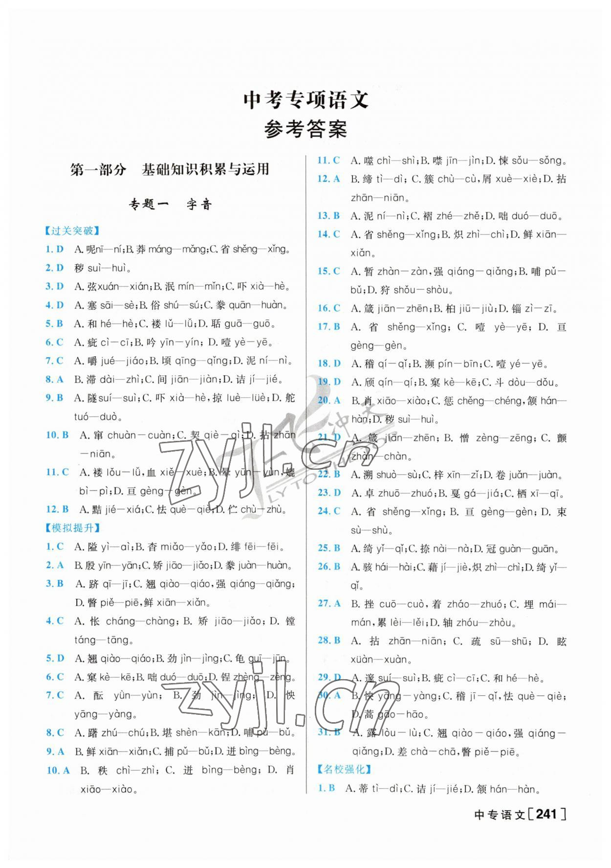 2023年一飞冲天中考专项精品试题分类语文 参考答案第1页