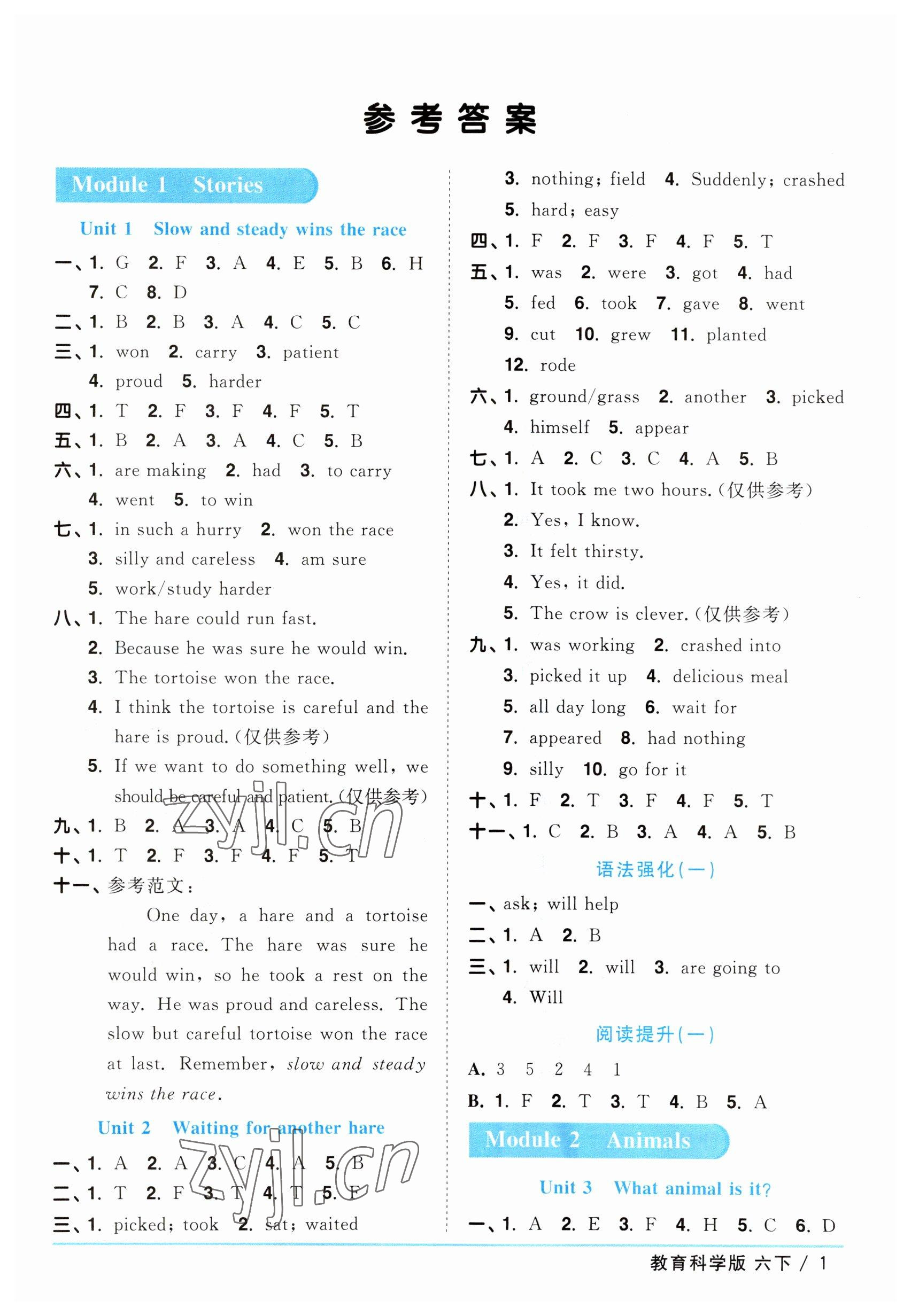 2023年陽光同學課時優(yōu)化作業(yè)六年級英語下冊教育科學版 參考答案第1頁