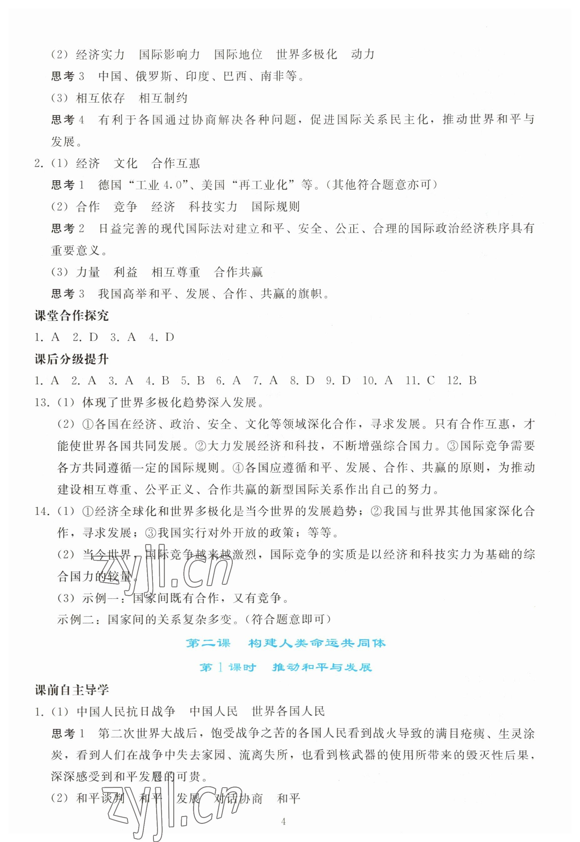 2023年同步輕松練習(xí)九年級道德與法治下冊人教版 參考答案第3頁