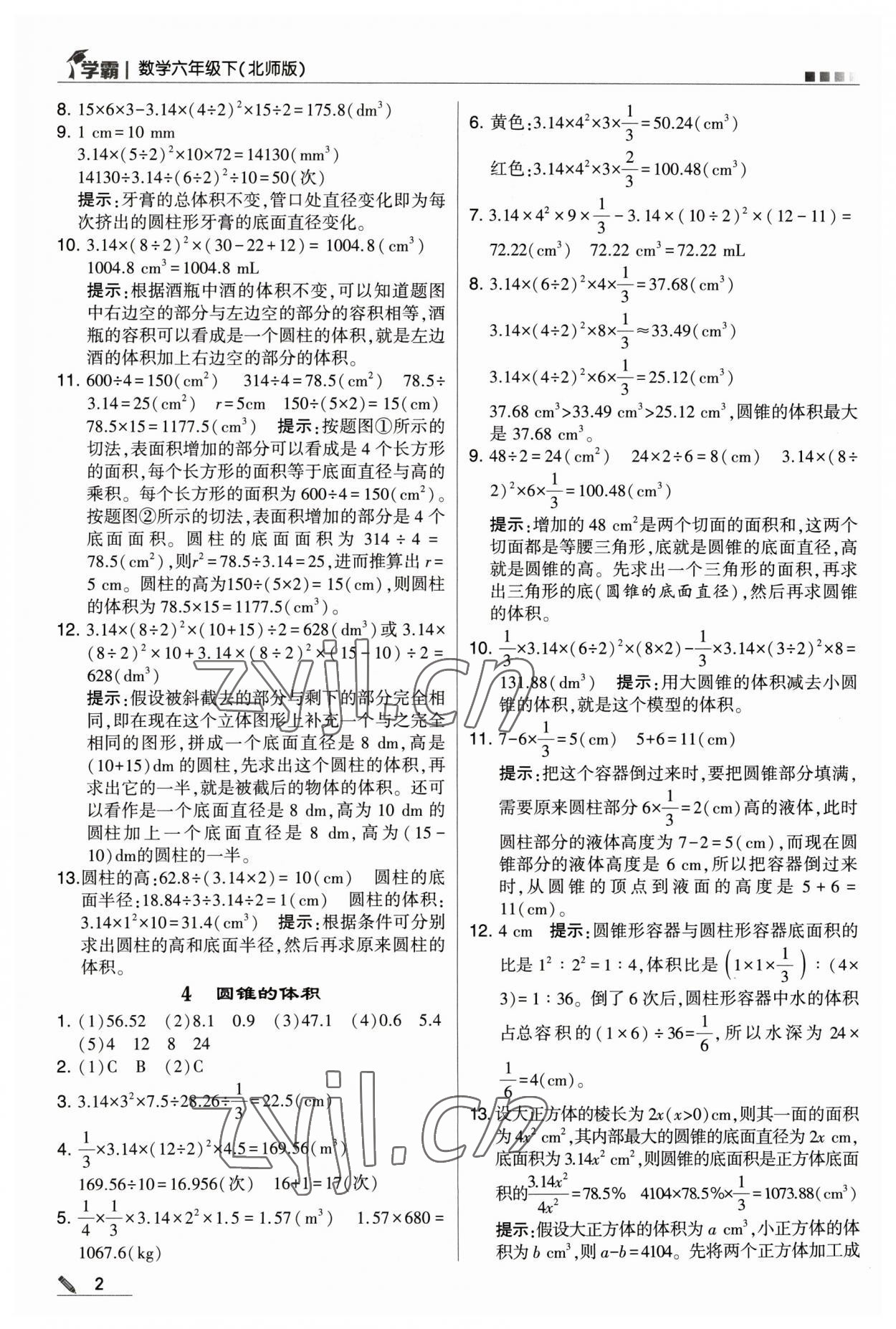 2023年乔木图书学霸六年级数学下册北师大版 参考答案第2页