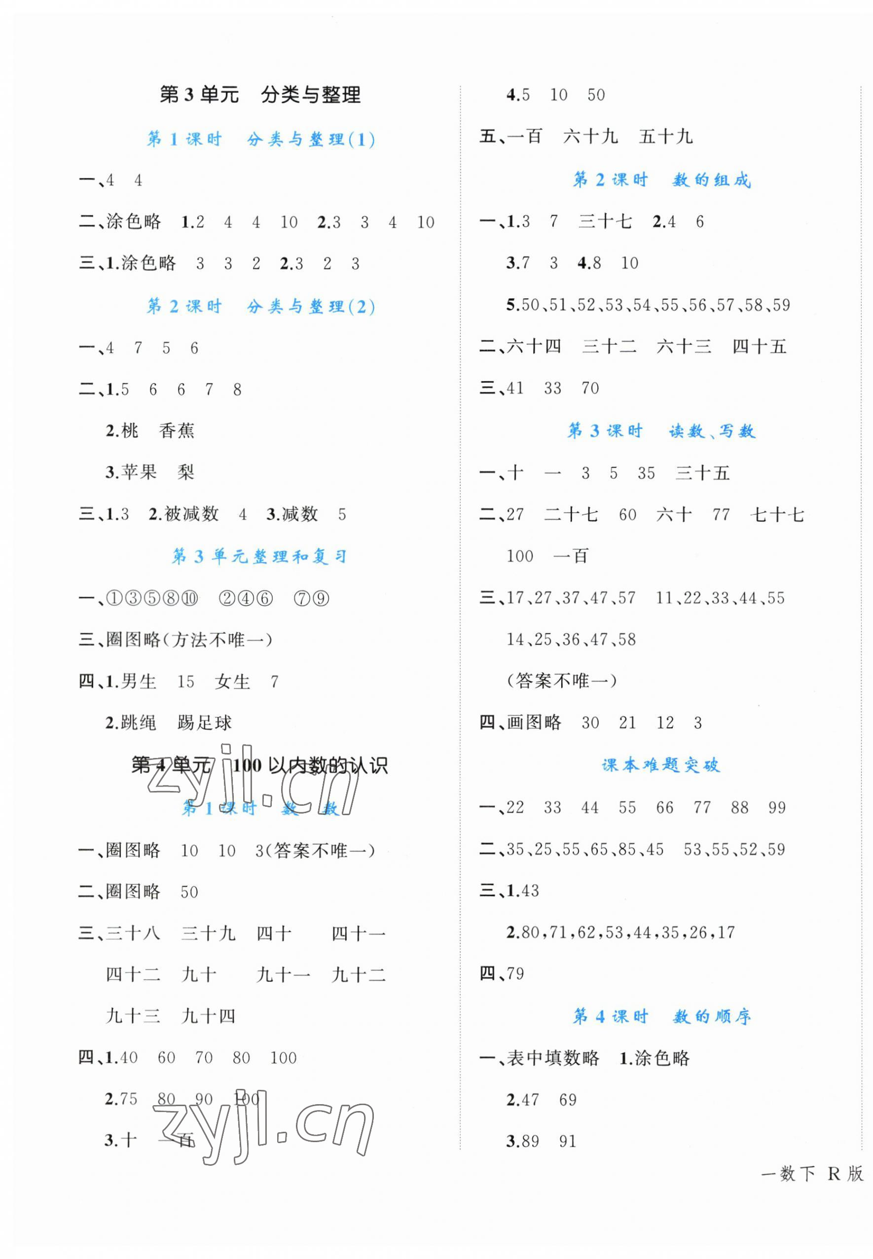 2023年名師面對面先學后練一年級數學下冊人教版 參考答案第3頁