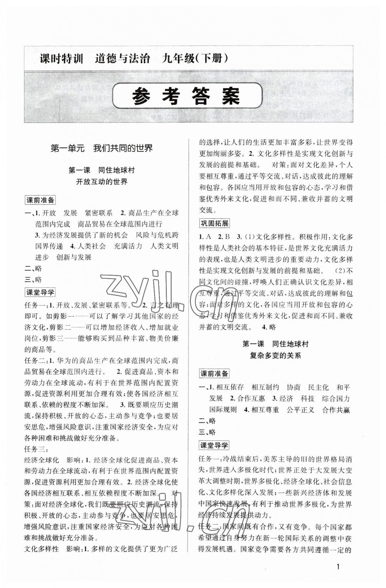 2023年浙江新課程三維目標(biāo)測(cè)評(píng)課時(shí)特訓(xùn)九年級(jí)道德與法治下冊(cè)人教版 第1頁