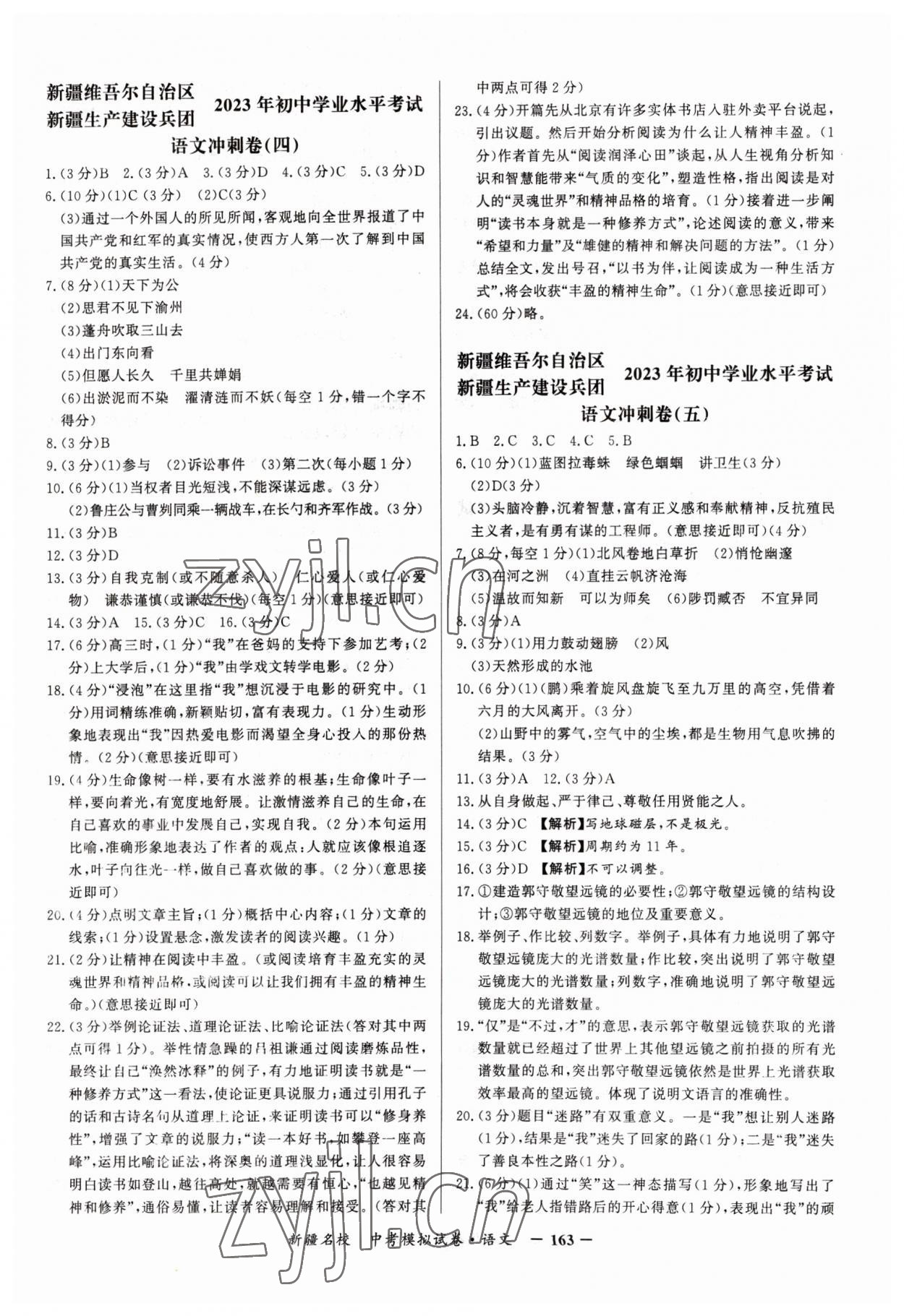 2023年新疆名校中考模擬試卷語文 參考答案第3頁