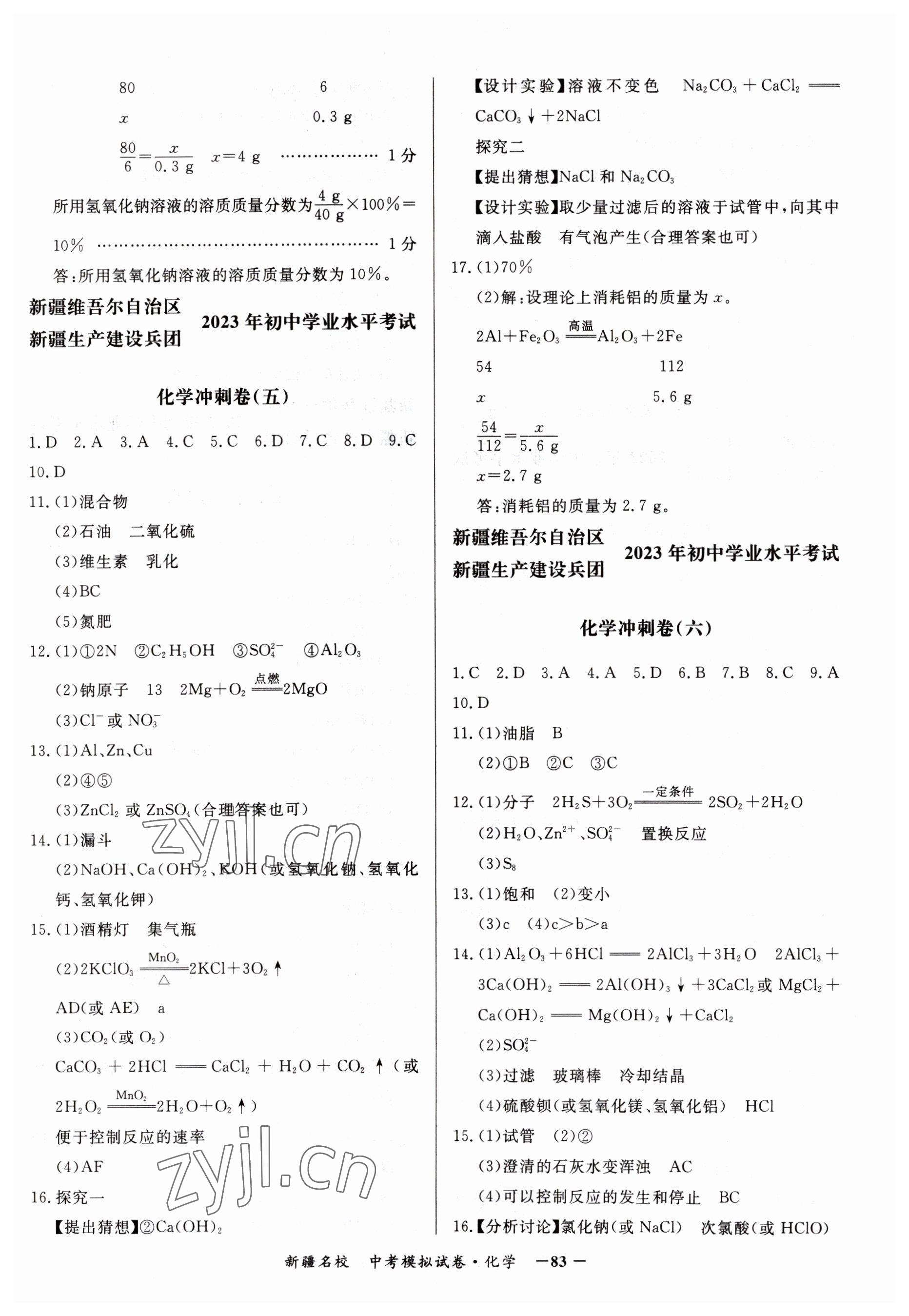 2023年新疆名校中考模擬試卷化學(xué) 參考答案第3頁(yè)