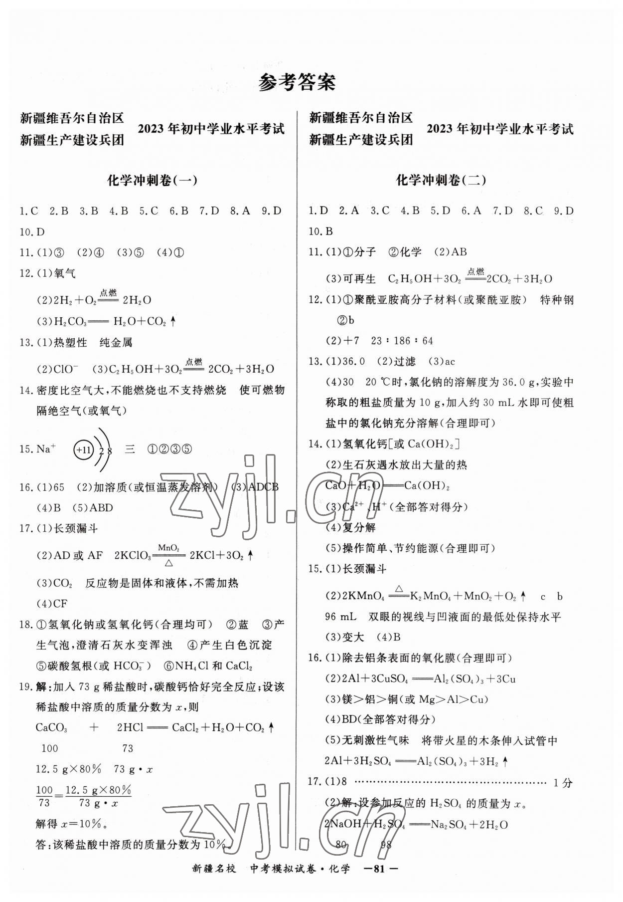 2023年新疆名校中考模擬試卷化學(xué) 參考答案第1頁