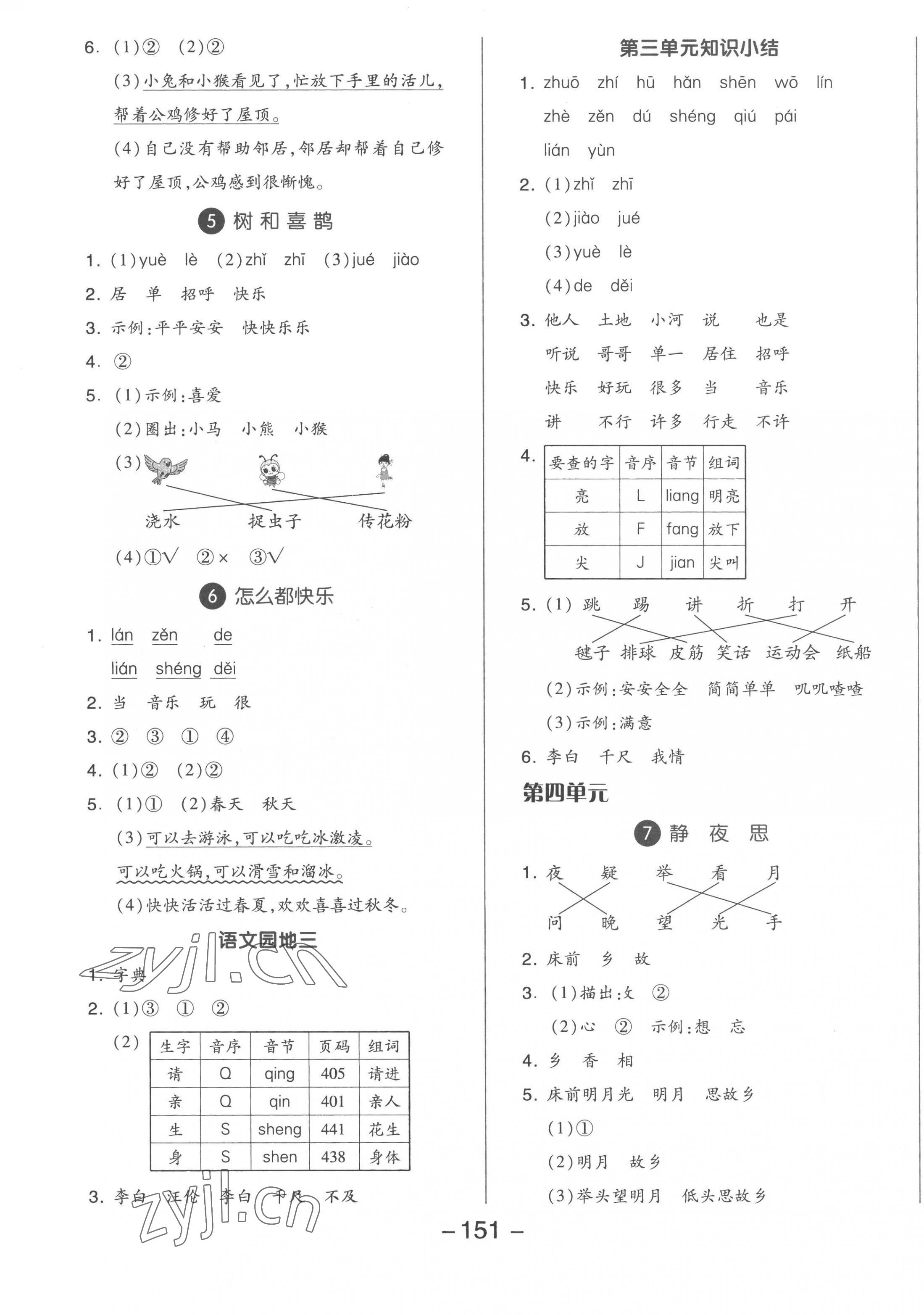 2023年全品学练考一年级语文下册人教版福建专版 参考答案第3页