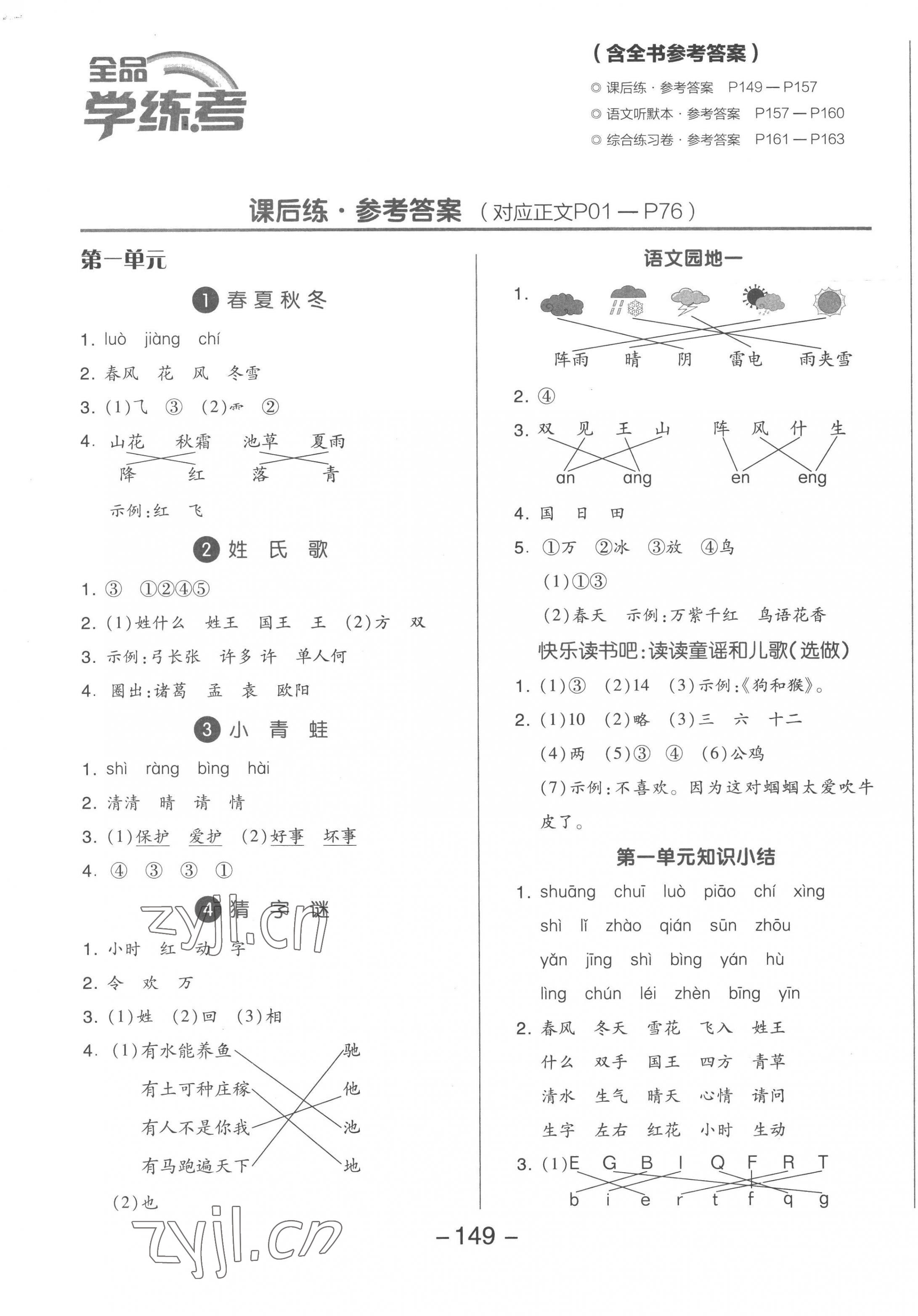 2023年全品学练考一年级语文下册人教版福建专版 参考答案第1页