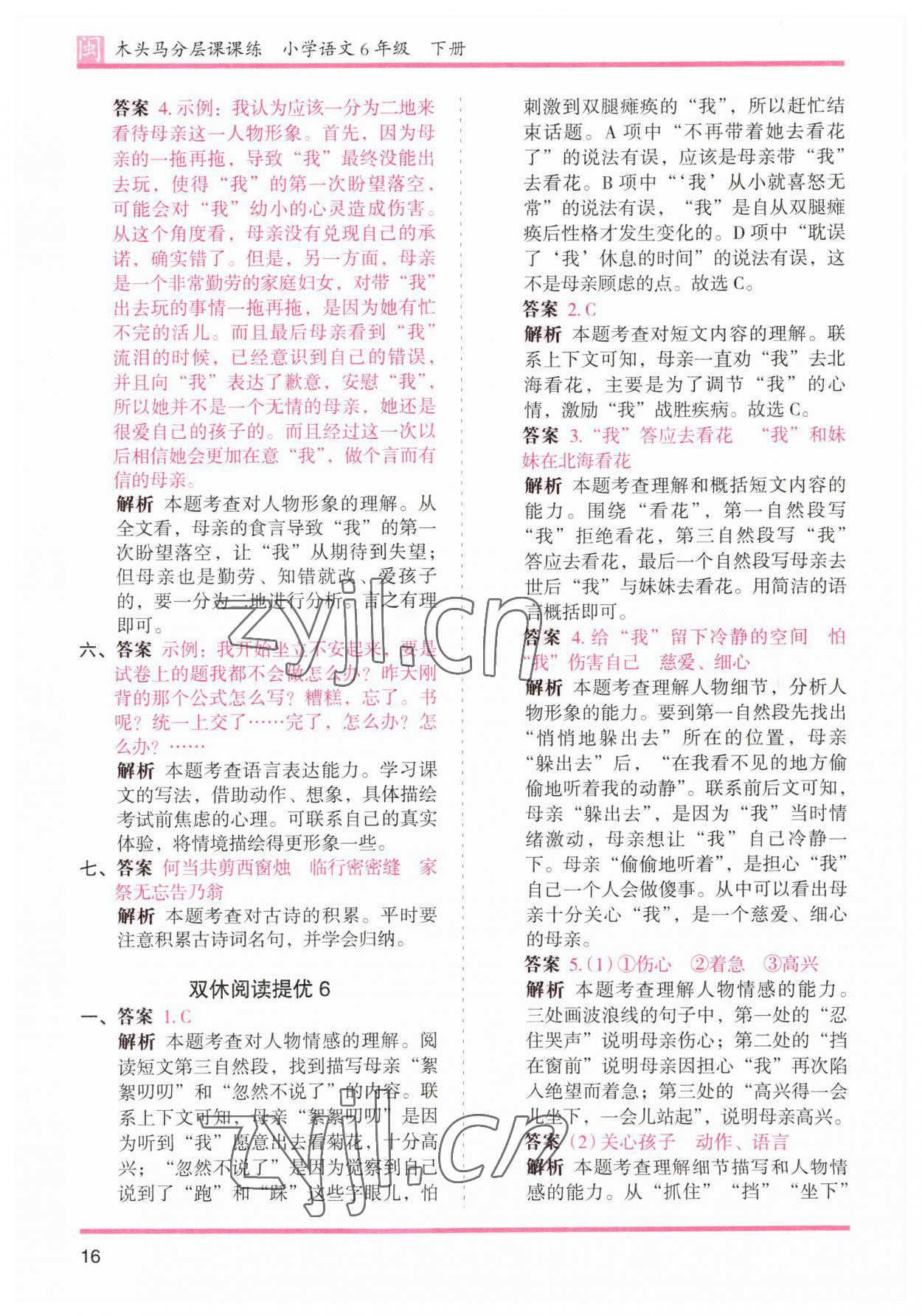 2023年木頭馬分層課課練六年級(jí)語(yǔ)文下冊(cè)人教版福建專版 參考答案第16頁(yè)