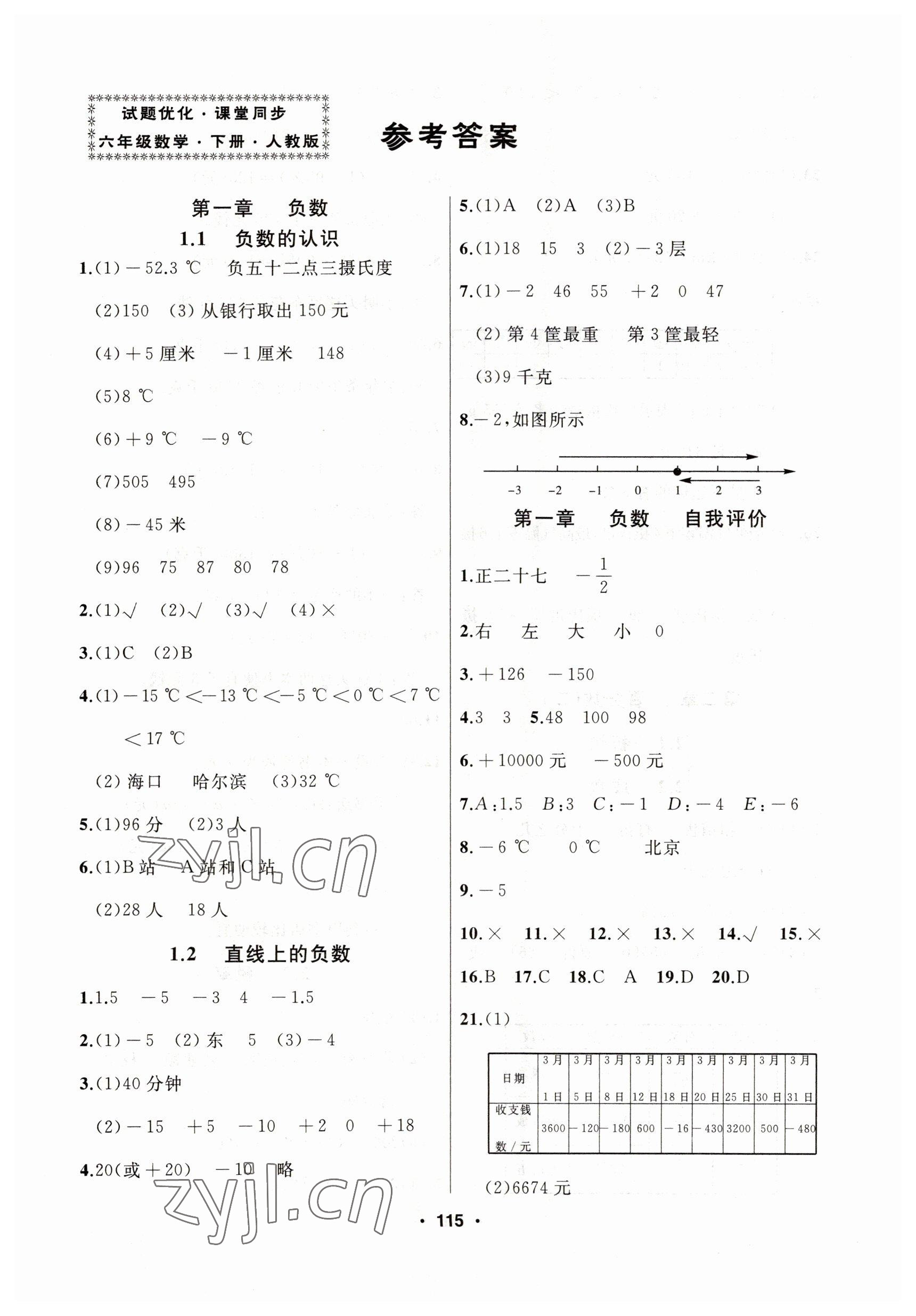 2023年试题优化课堂同步六年级数学下册人教版 参考答案第1页