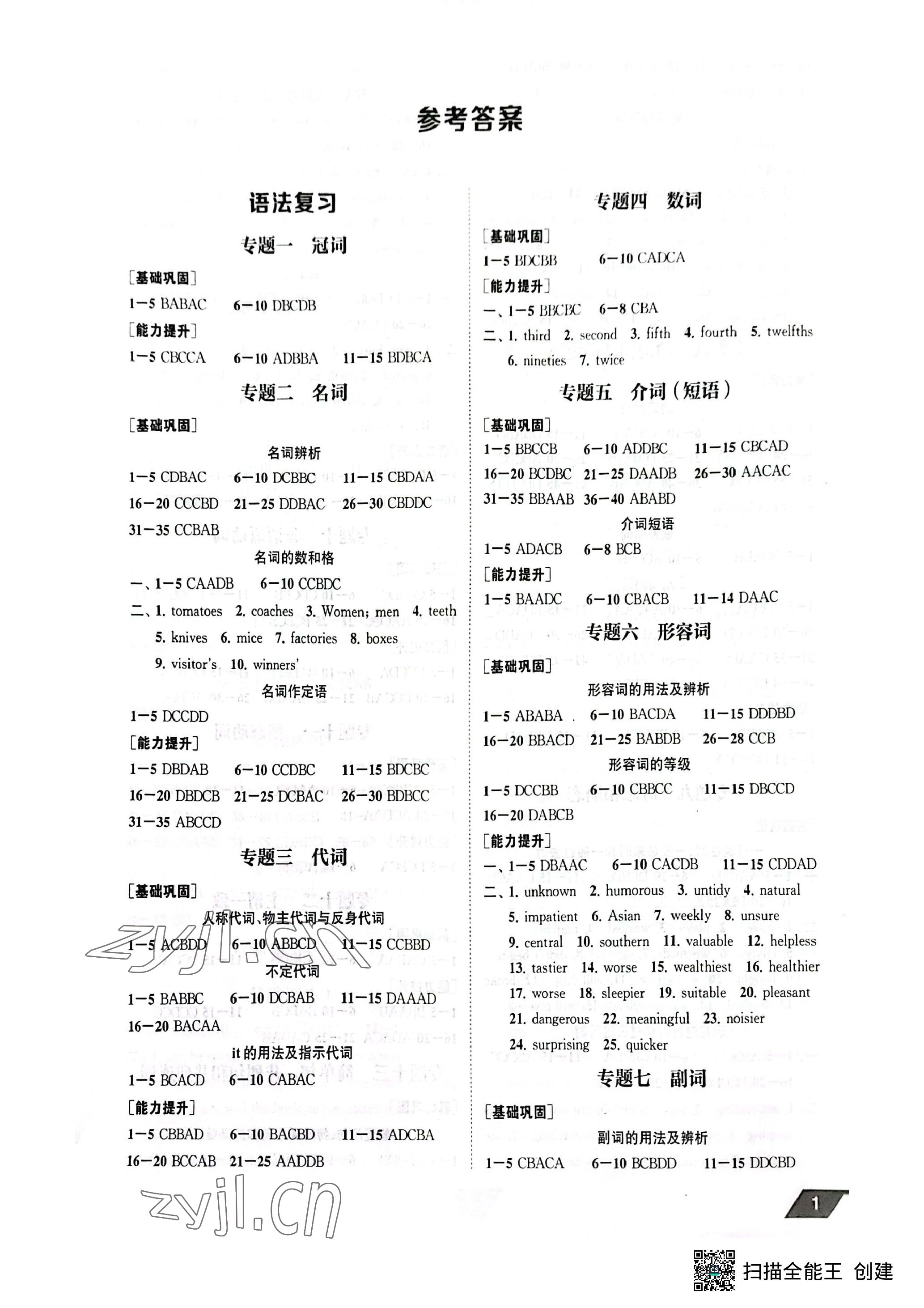 2023年创新优化中考总复习英语 参考答案第1页
