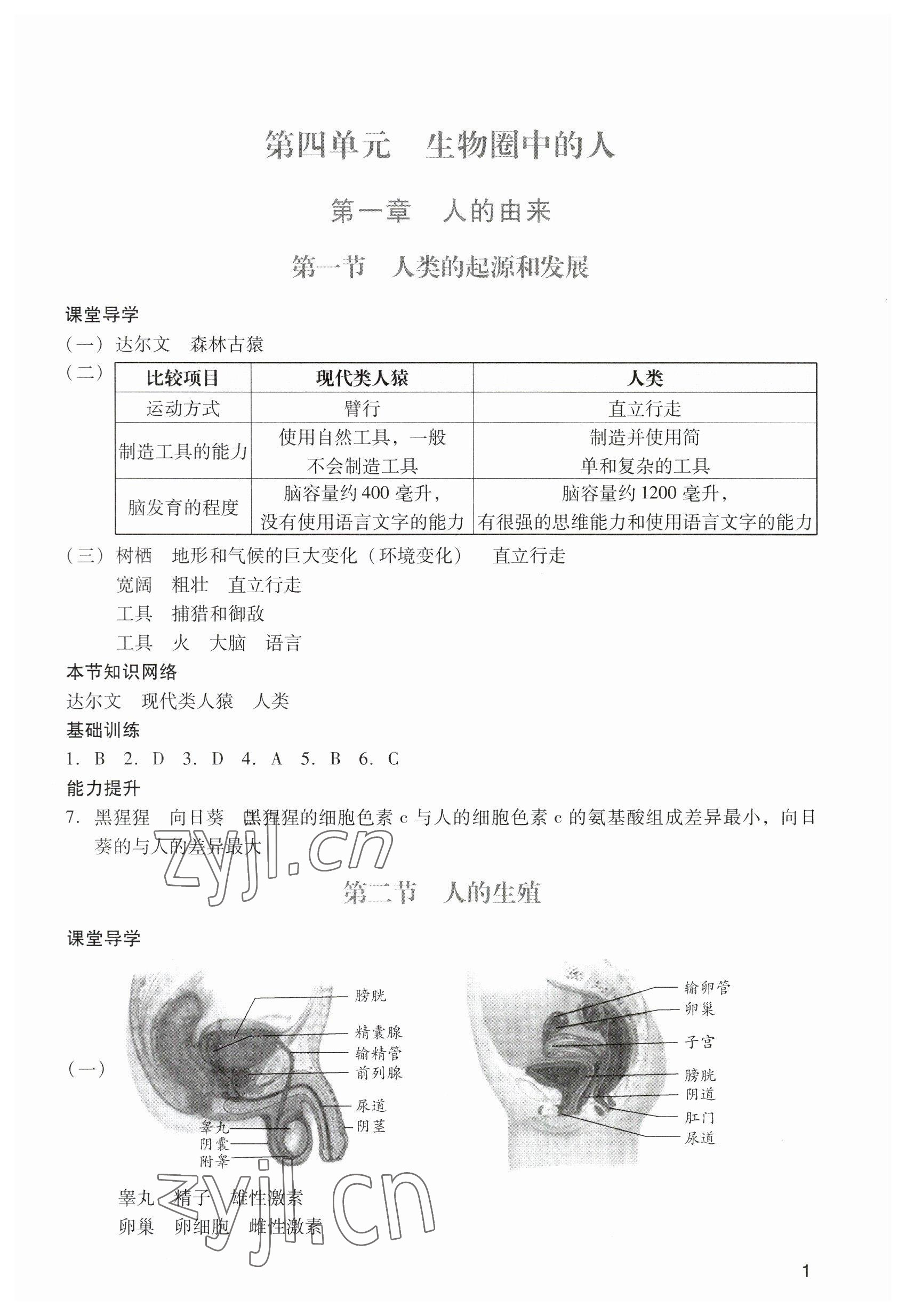 2023年阳光学业评价七年级生物下册人教版 参考答案第1页